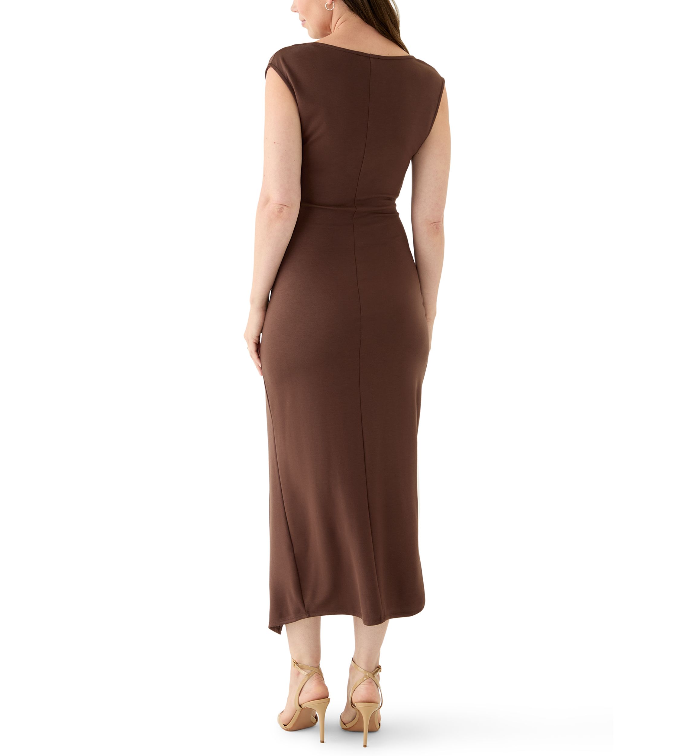 Womens Mock Neck Ruched Ponte Maxi Dress