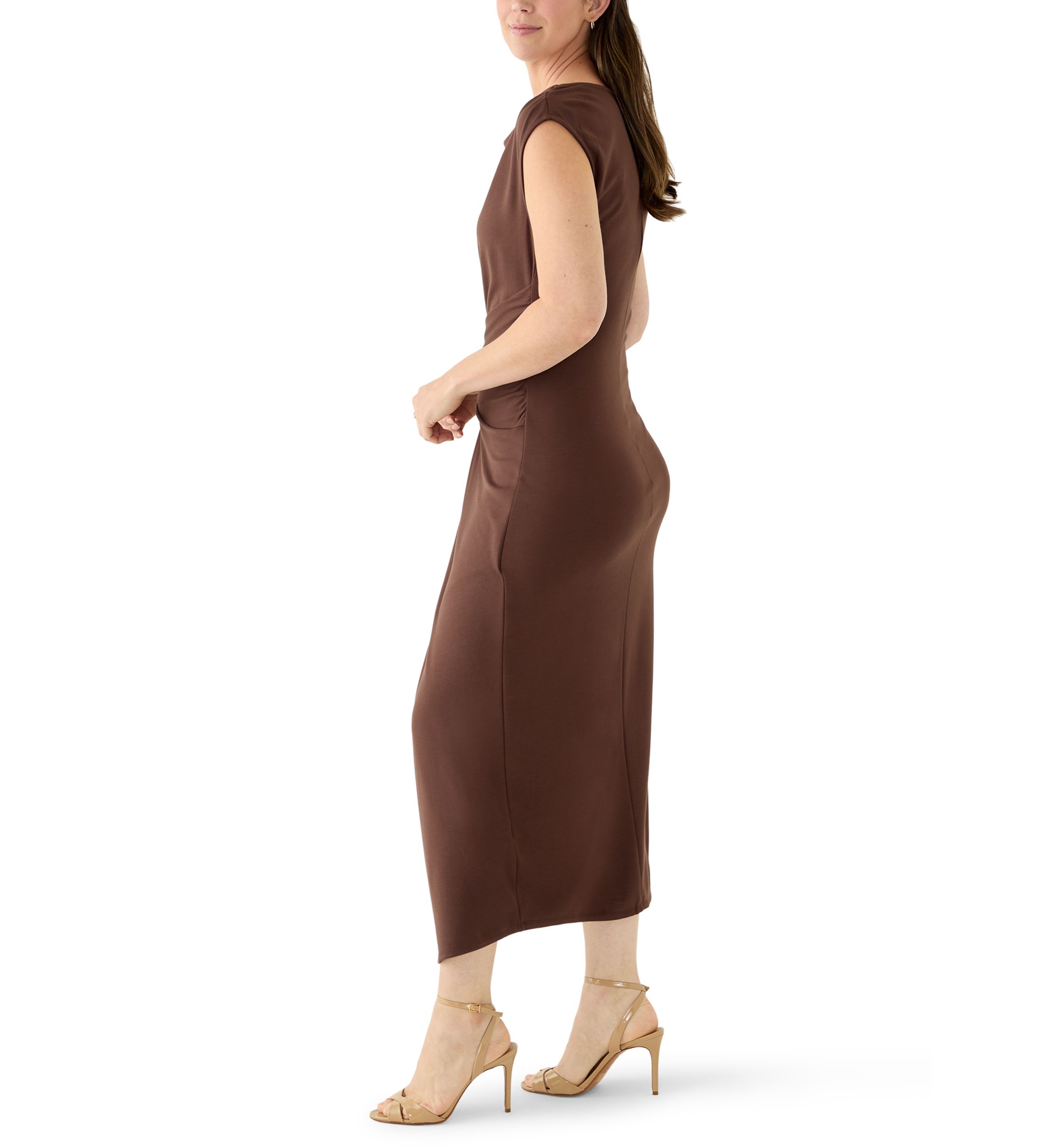 Womens Mock Neck Ruched Ponte Maxi Dress
