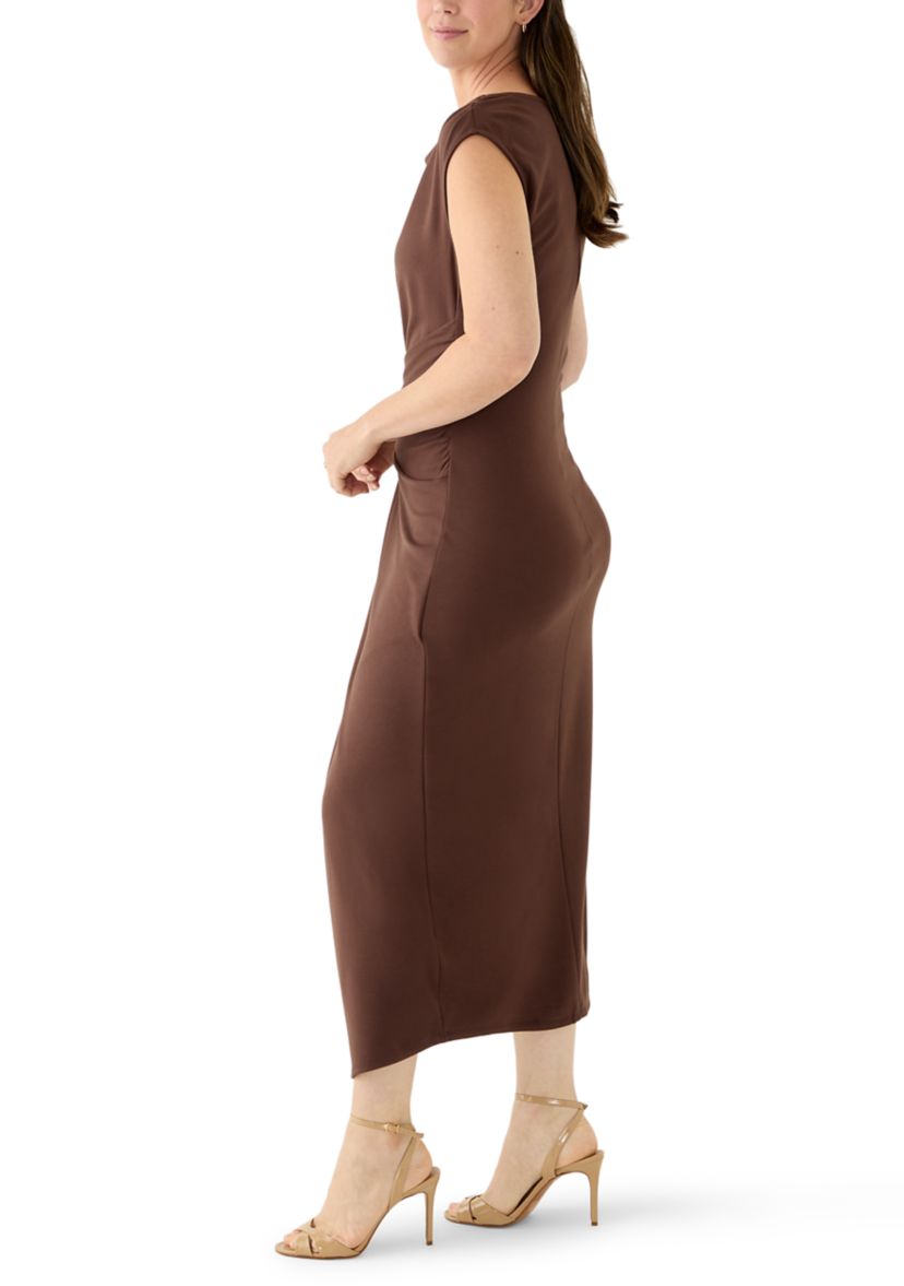Womens Mock Neck Ruched Ponte Maxi Dress