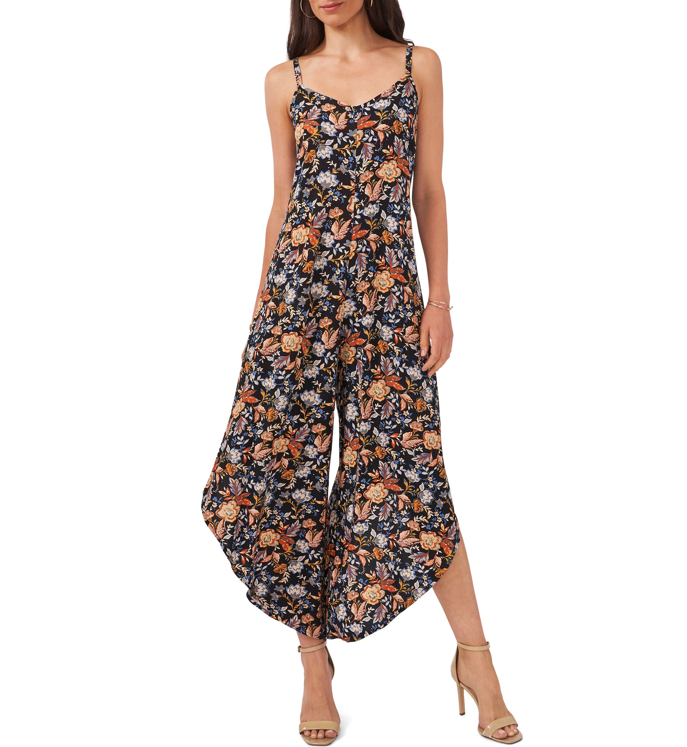 Womens Sleeveless Sweetheart Neck Floral Printed Jumpsuit