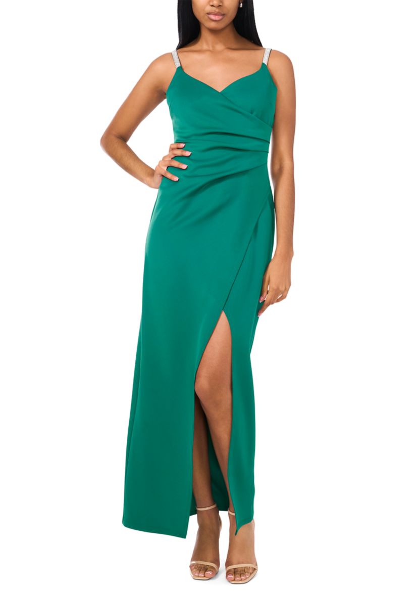Womens Sleeveless V-Neck Solid Wrap Slit Gown