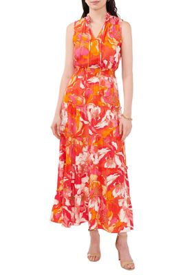 MSK Women's Sleeveless Tie Neck Floral Print Maxi Dress
