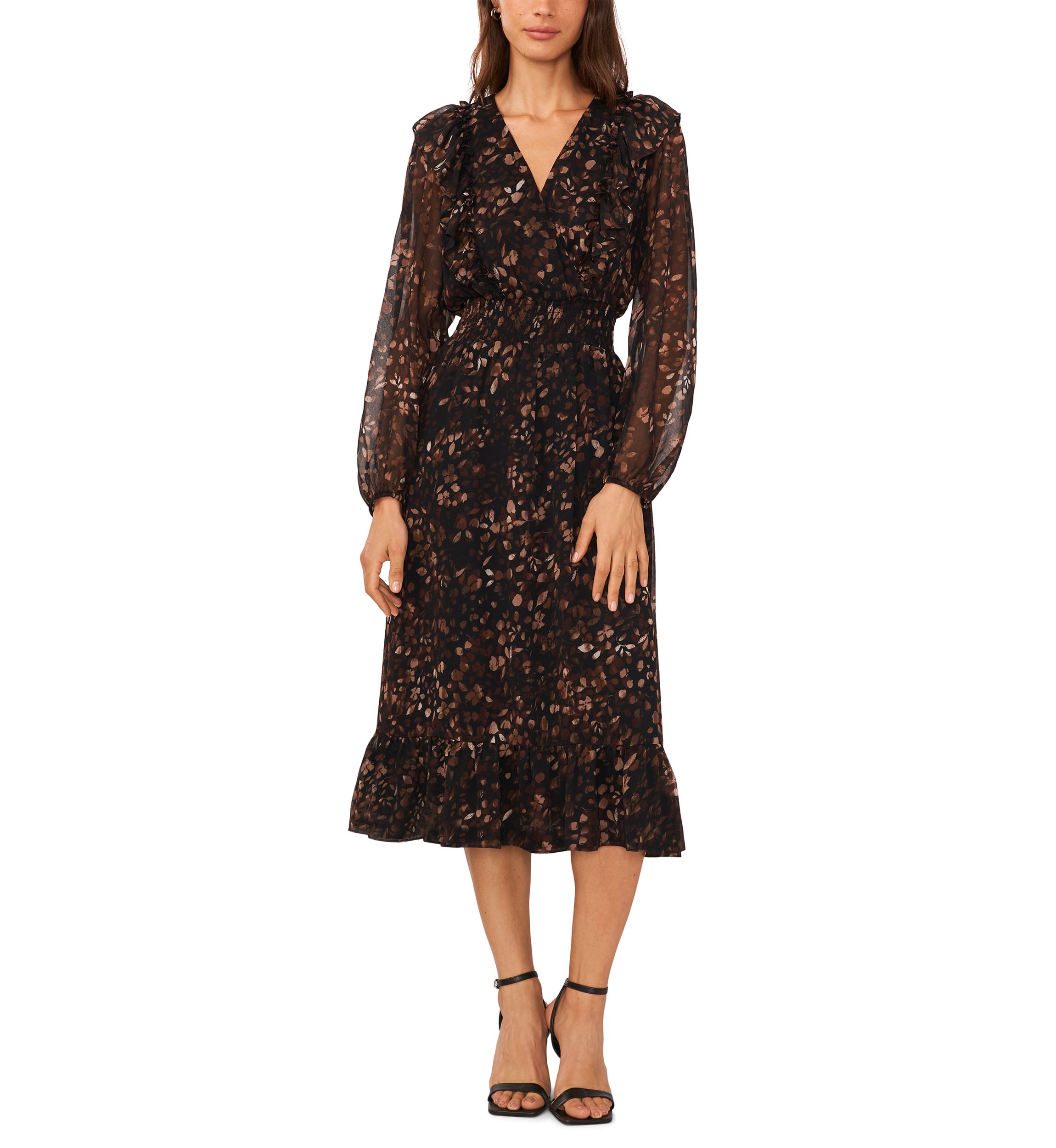 Womens Long Sleeve V-Neck Floral Print Belted Chiffon Midi Fit and Flare Dress