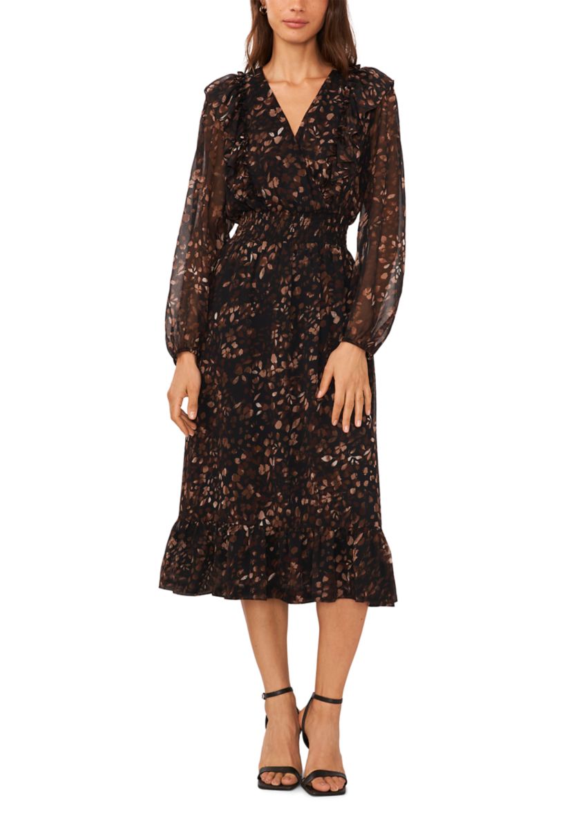 Womens Long Sleeve V-Neck Floral Print Belted Chiffon Midi Fit and Flare Dress