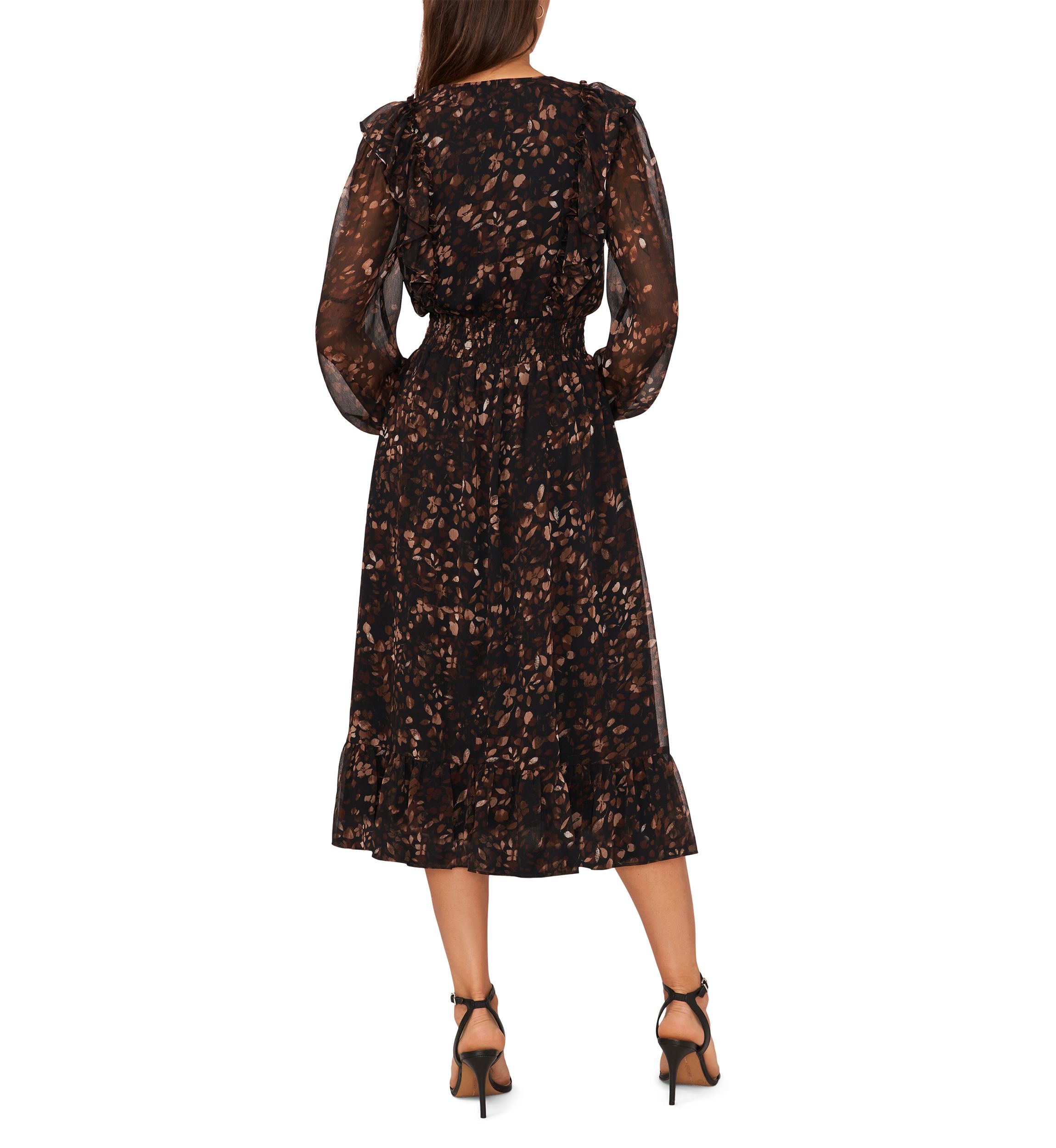 Womens Long Sleeve V-Neck Floral Print Belted Chiffon Midi Fit and Flare Dress