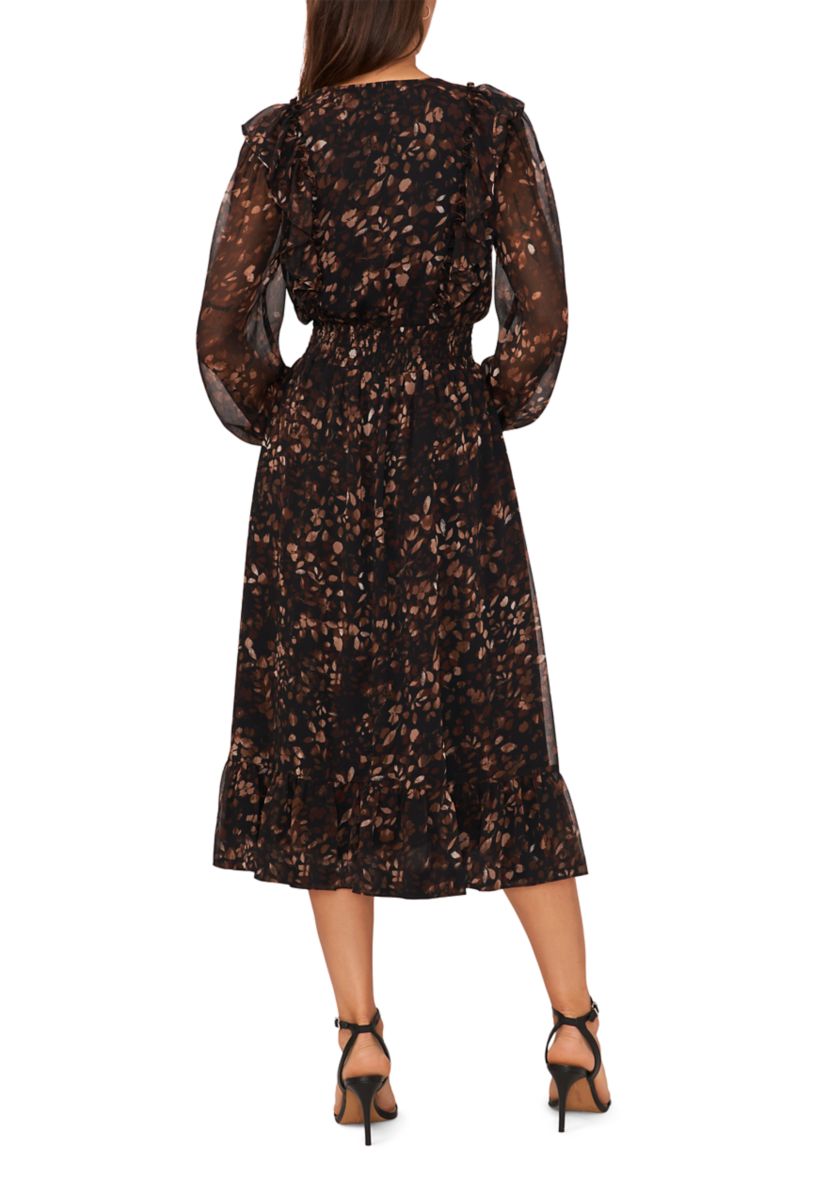 Womens Long Sleeve V-Neck Floral Print Belted Chiffon Midi Fit and Flare Dress