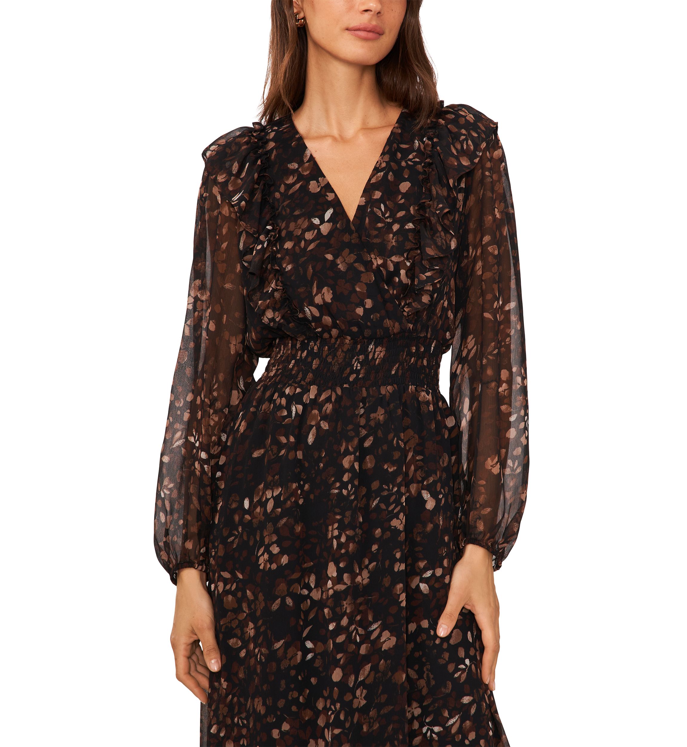 Womens Long Sleeve V-Neck Floral Print Belted Chiffon Midi Fit and Flare Dress