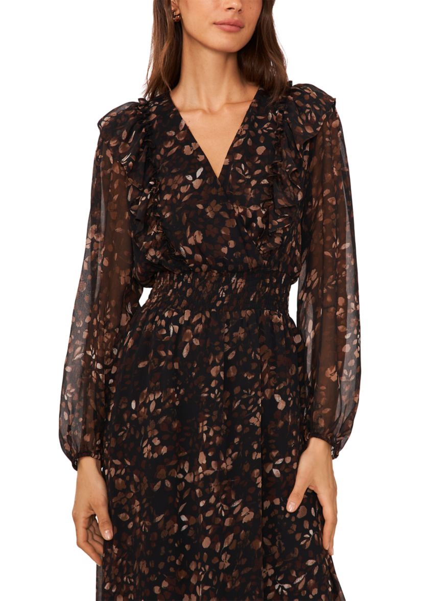 Womens Long Sleeve V-Neck Floral Print Belted Chiffon Midi Fit and Flare Dress
