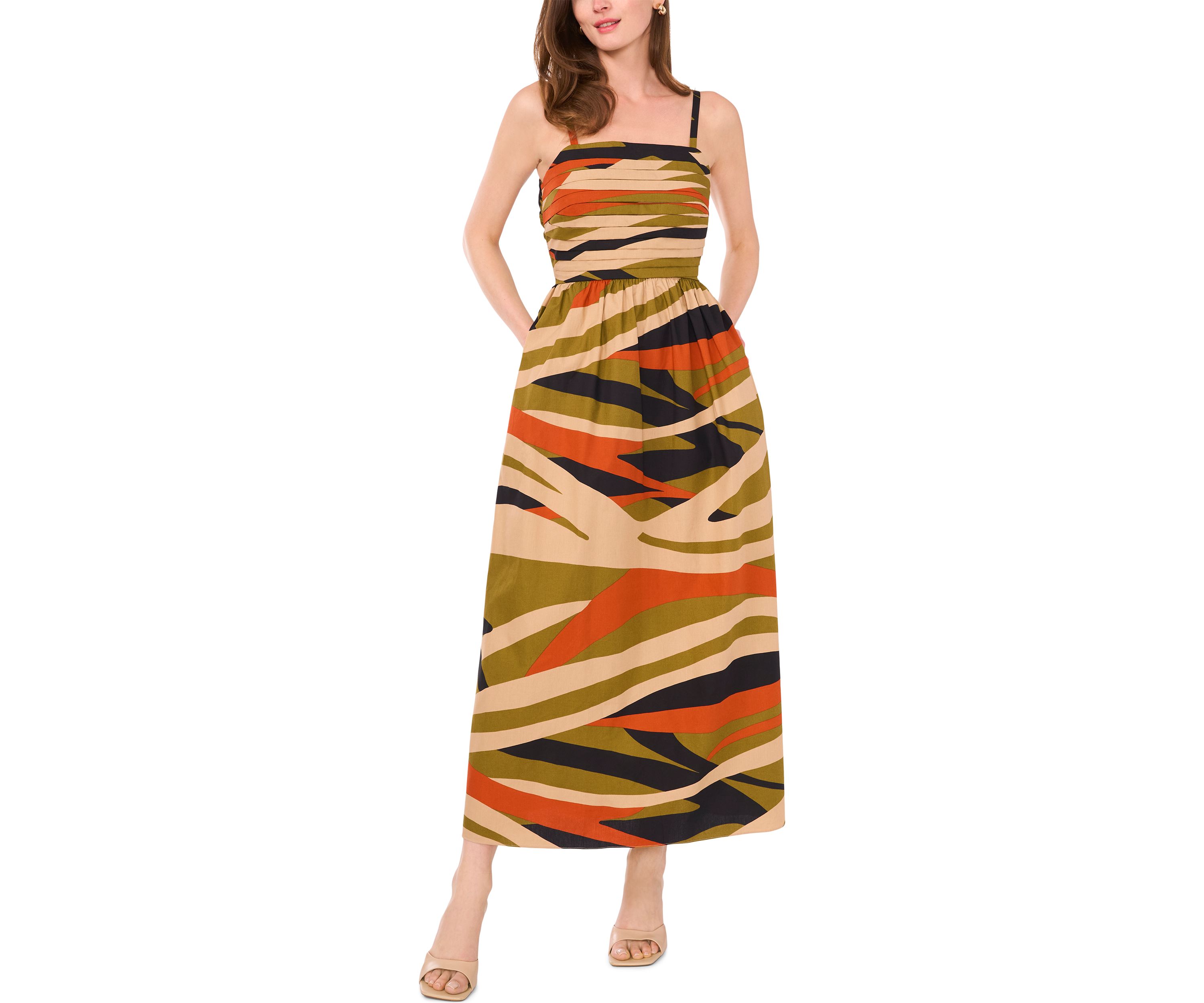 Womens Sleeveless Square Neck Printed A-Line Maxi Dress