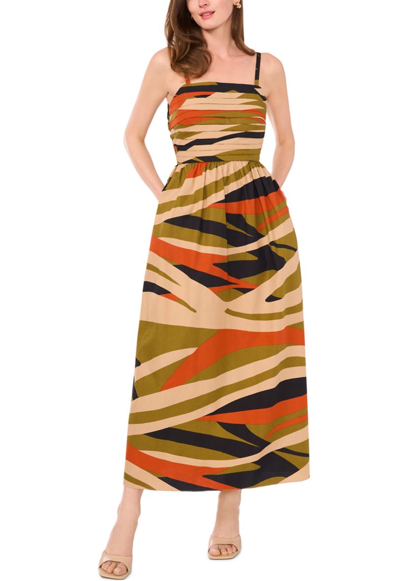 Womens Sleeveless Square Neck Printed A-Line Maxi Dress
