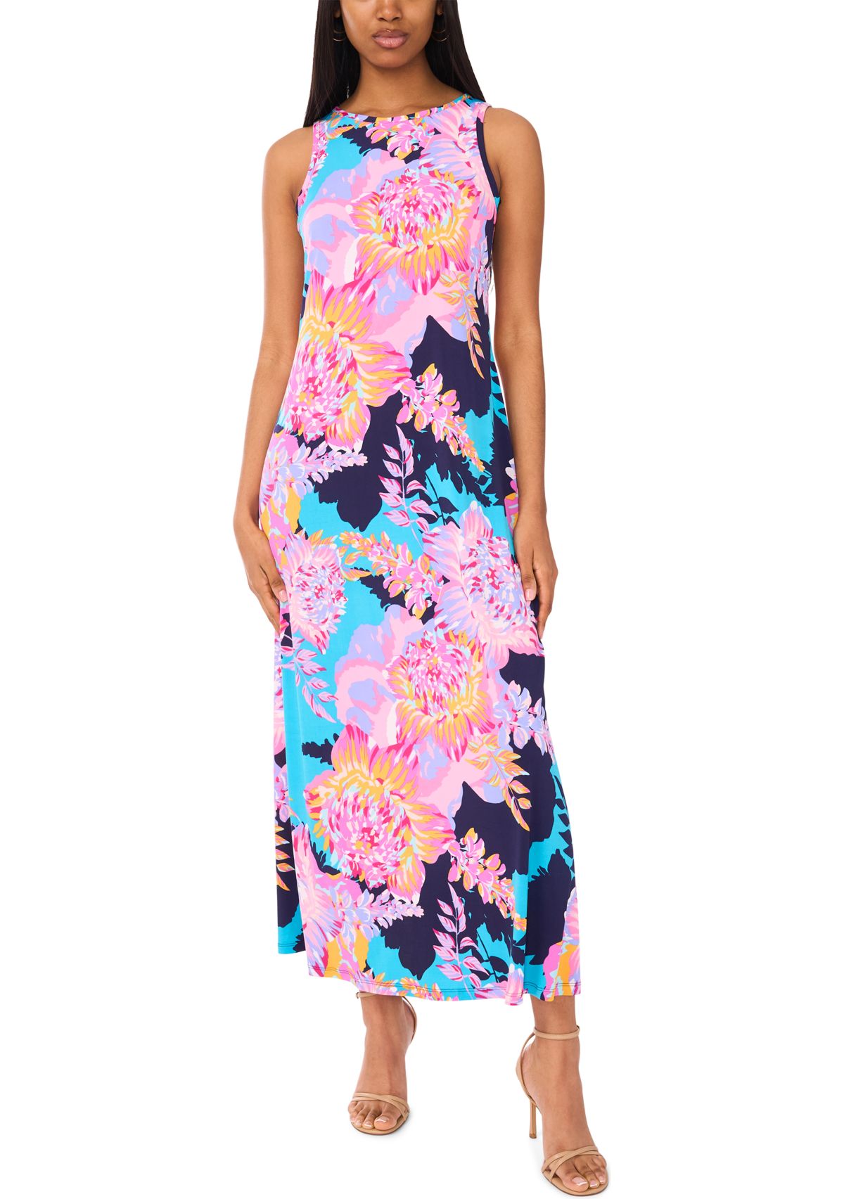 Womens Sleeveless Crew Neck Paisley Print Maxi Dress