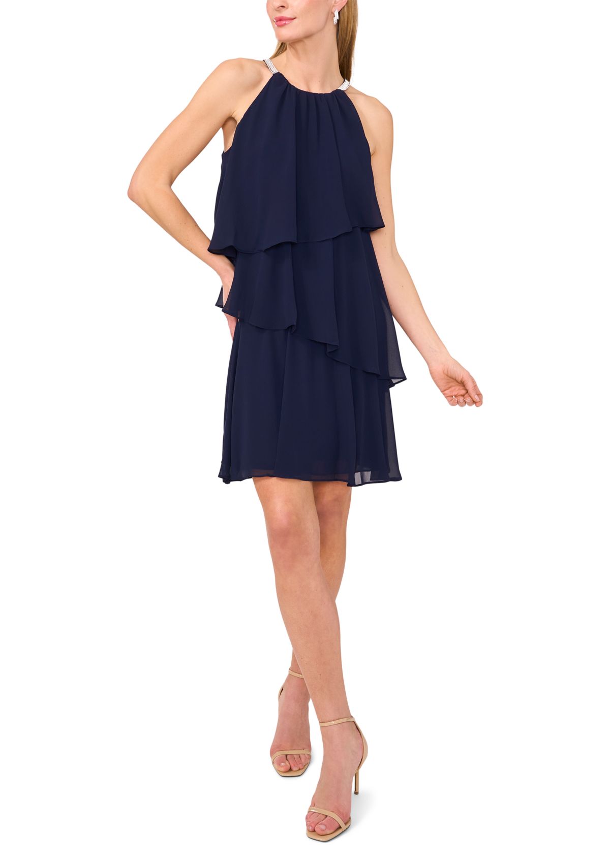 Womens Sleeveless Halter Neck Tiered Chiffon Dress