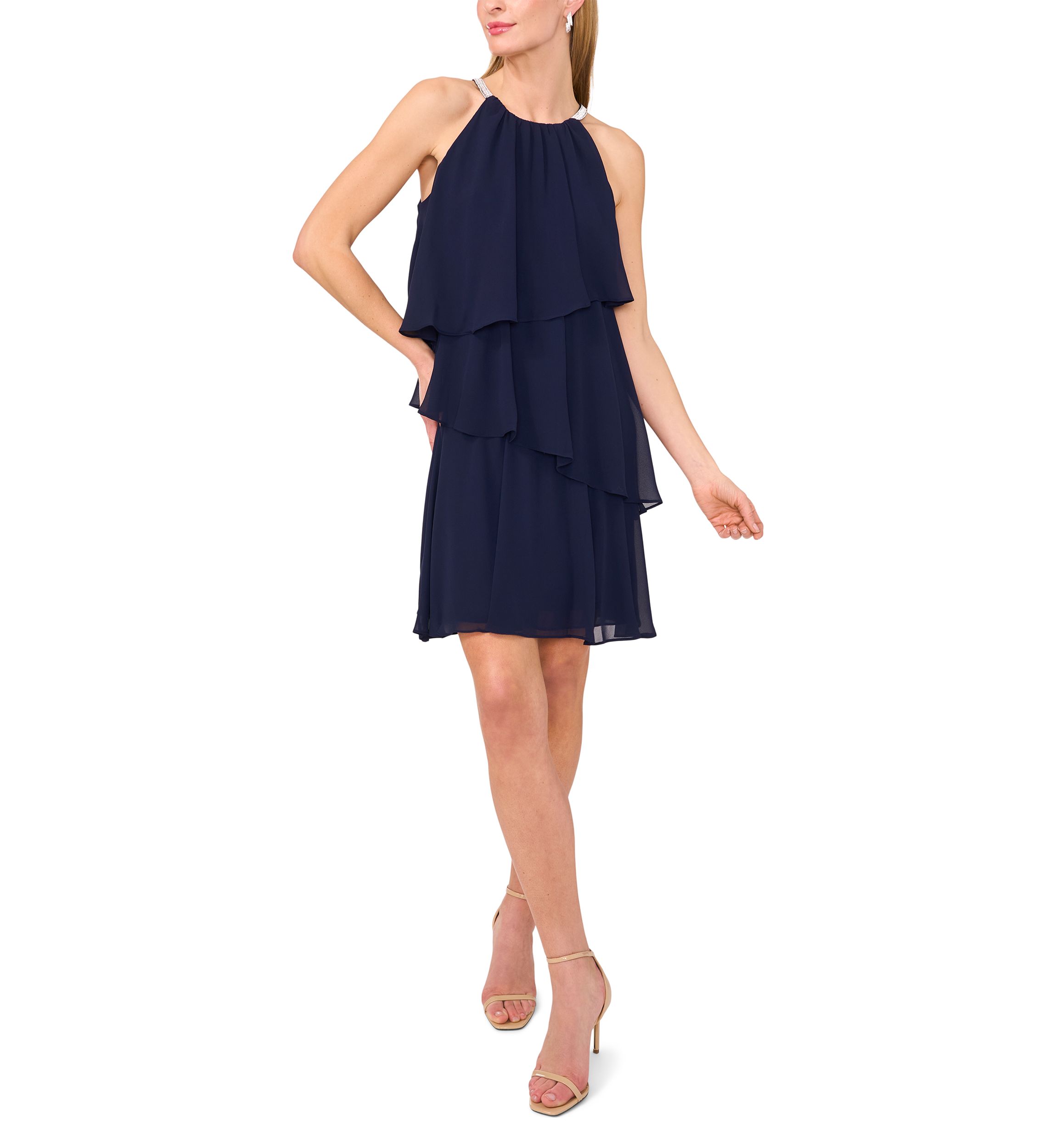 Womens Sleeveless Halter Neck Tiered Chiffon Dress