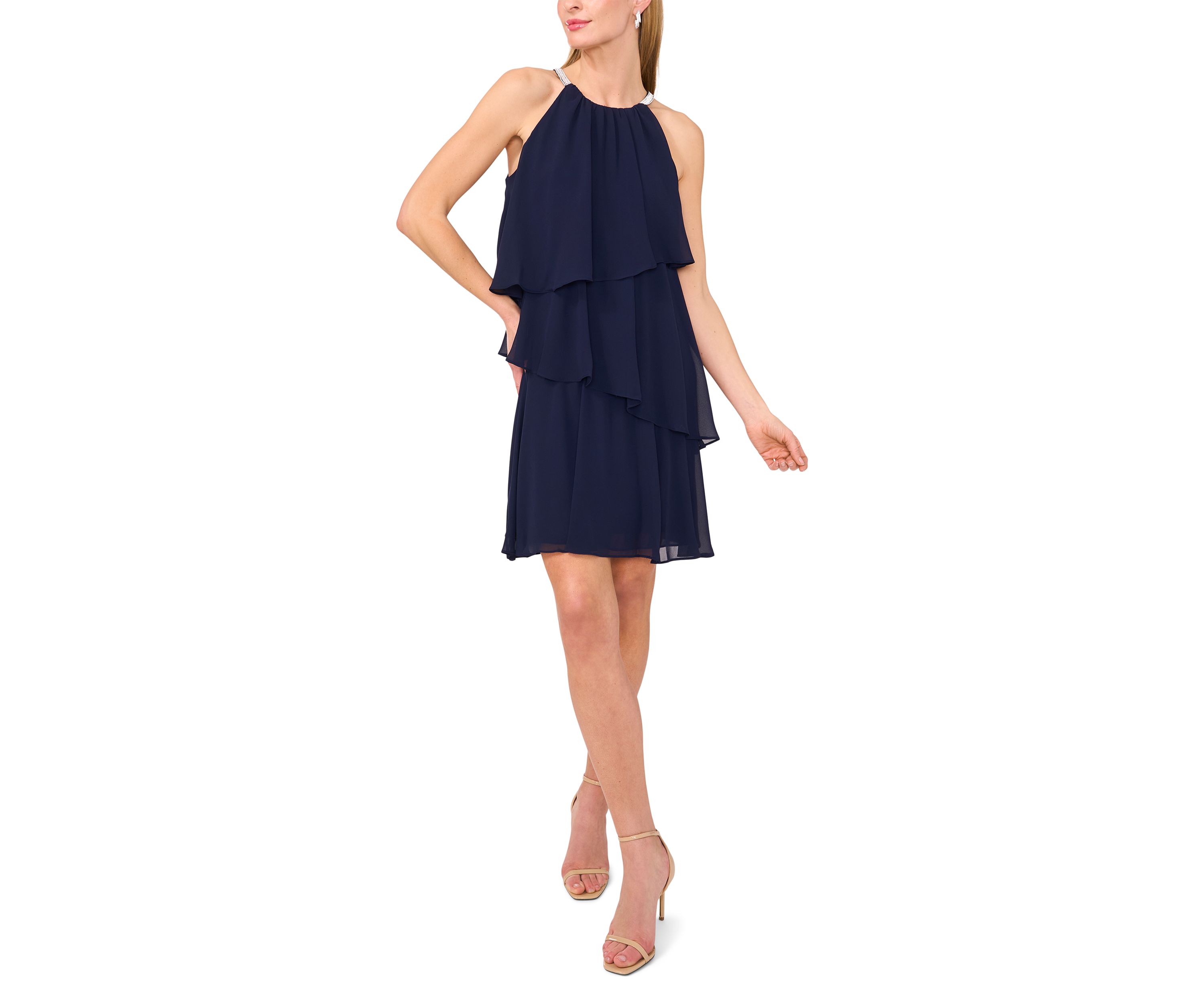 Womens Sleeveless Halter Neck Tiered Chiffon Dress
