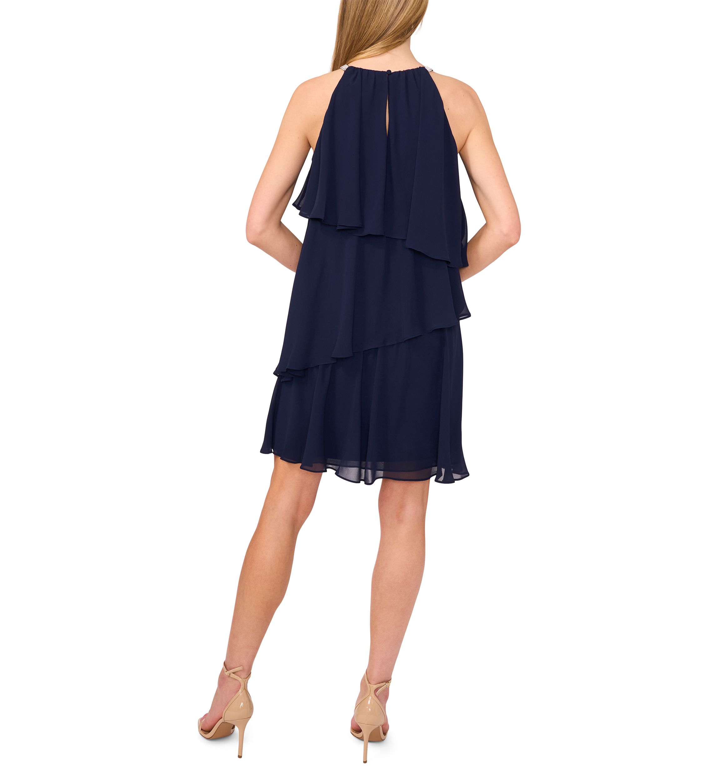 Womens Sleeveless Halter Neck Tiered Chiffon Dress
