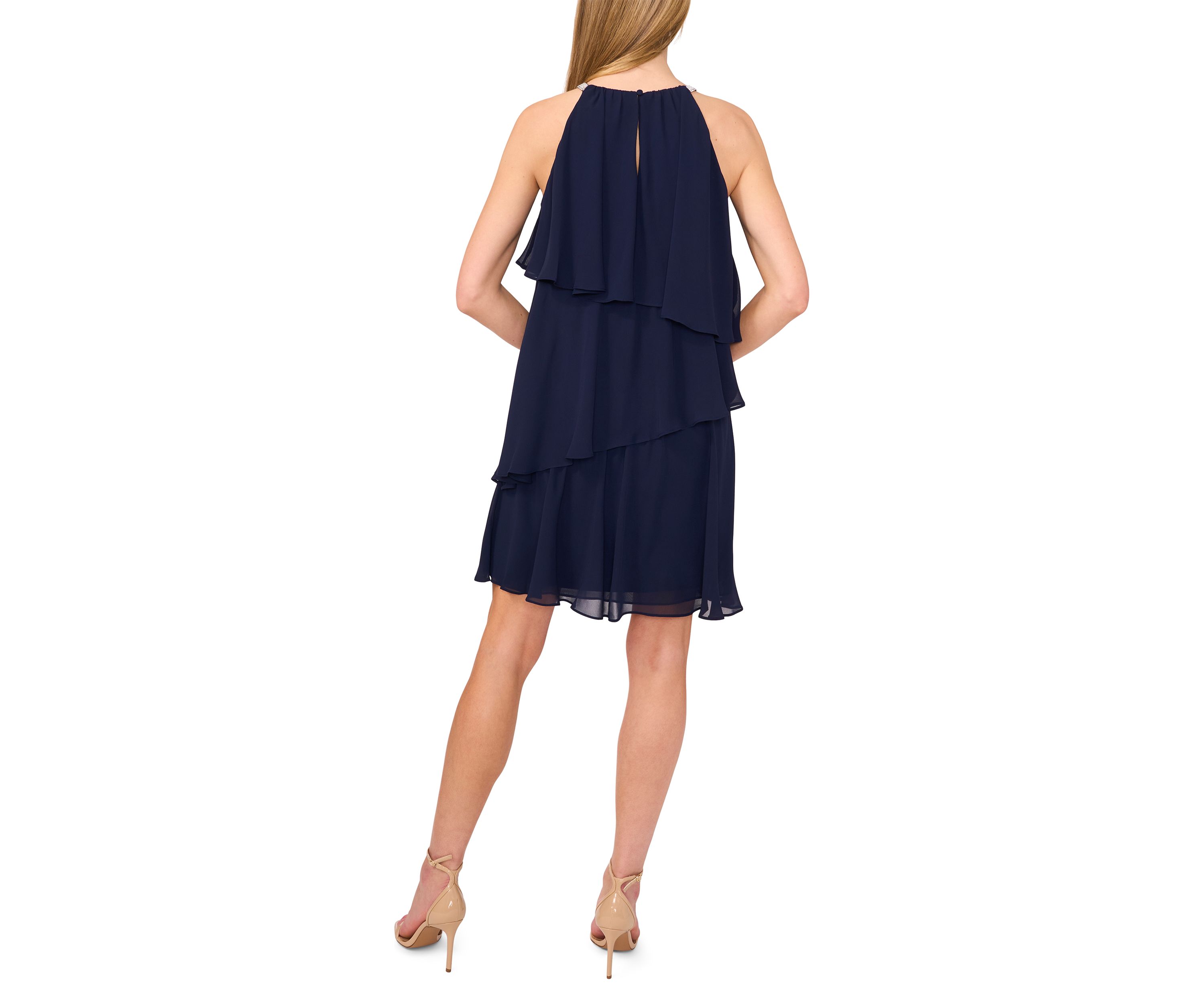 Womens Sleeveless Halter Neck Tiered Chiffon Dress
