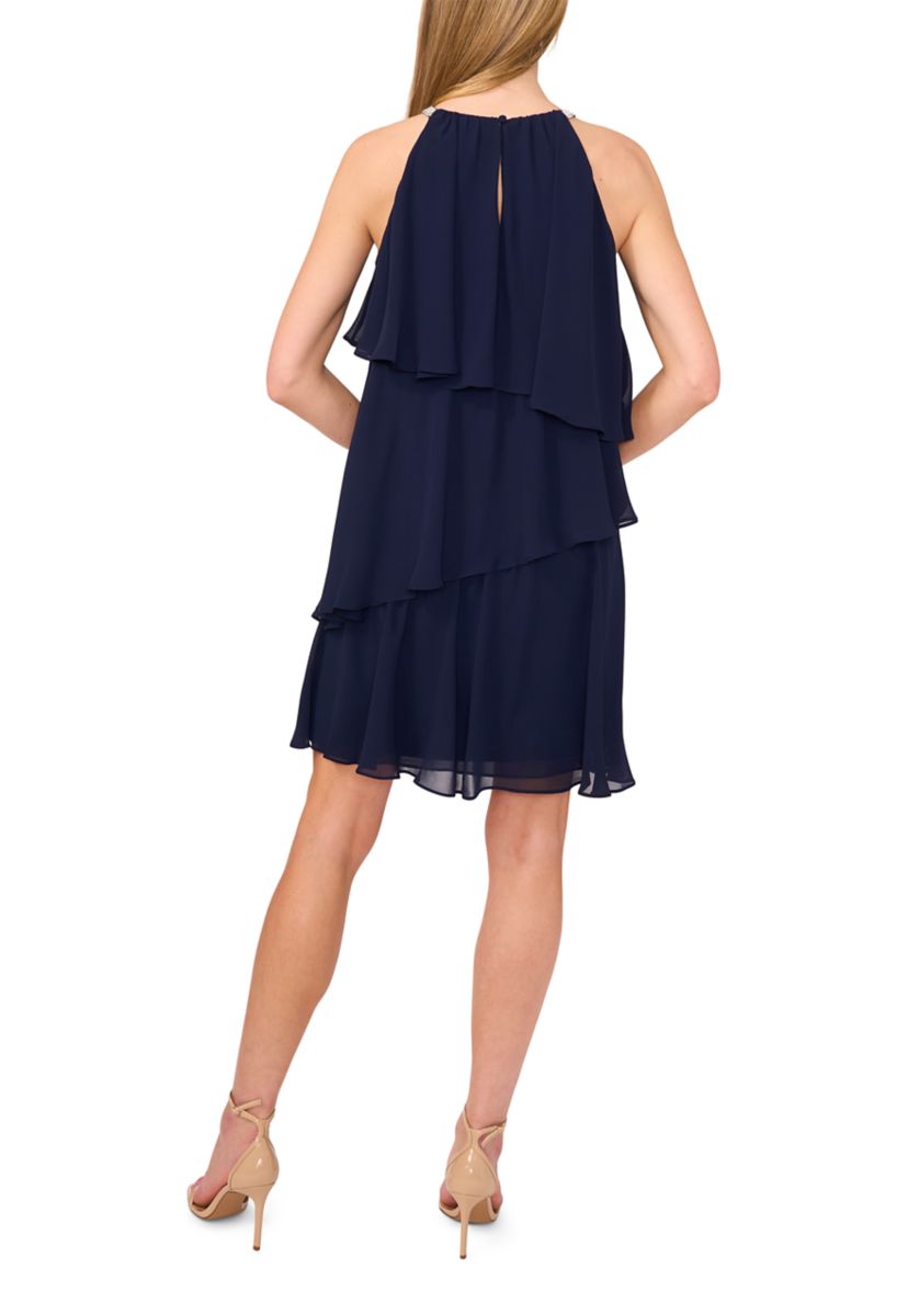 Womens Sleeveless Halter Neck Tiered Chiffon Dress