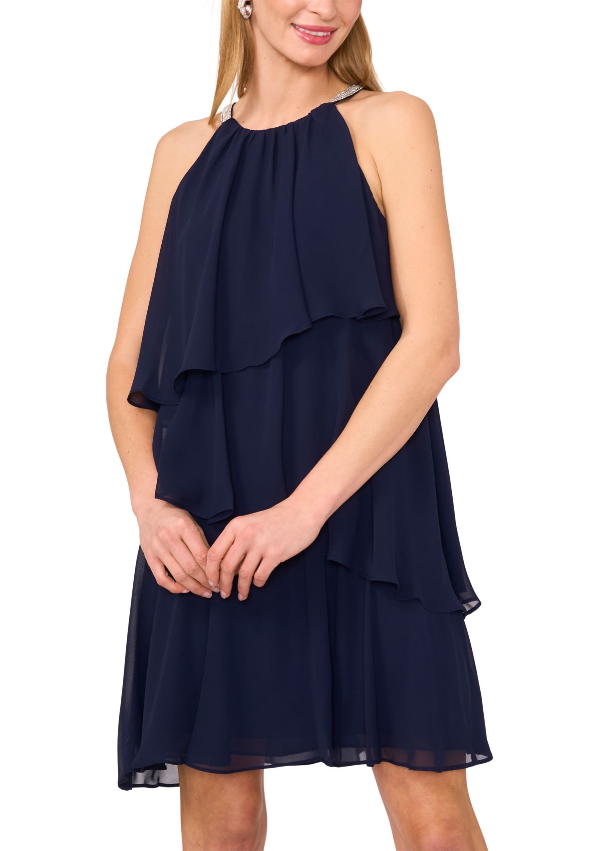 Womens Sleeveless Halter Neck Tiered Chiffon Dress