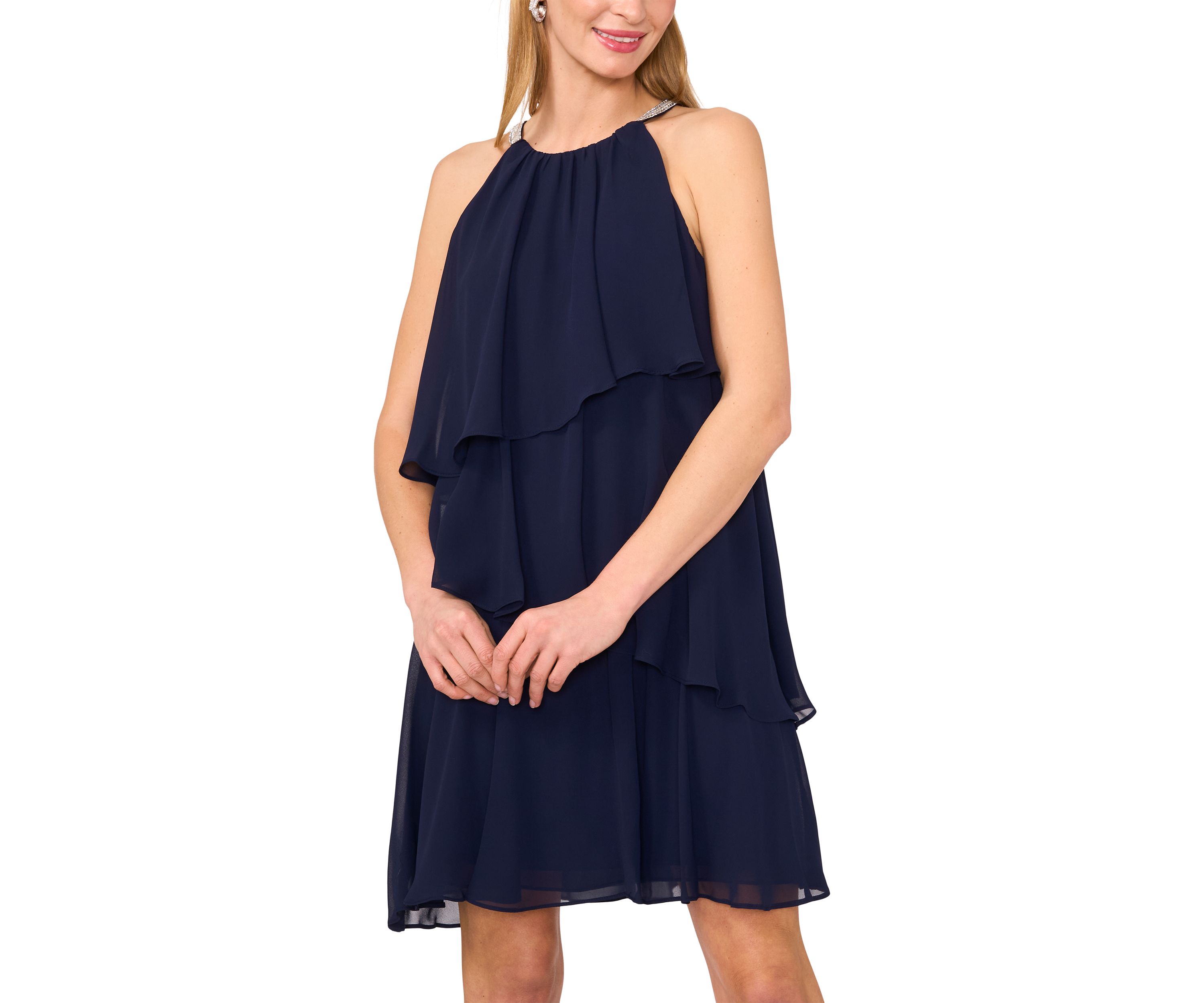 Womens Sleeveless Halter Neck Tiered Chiffon Dress