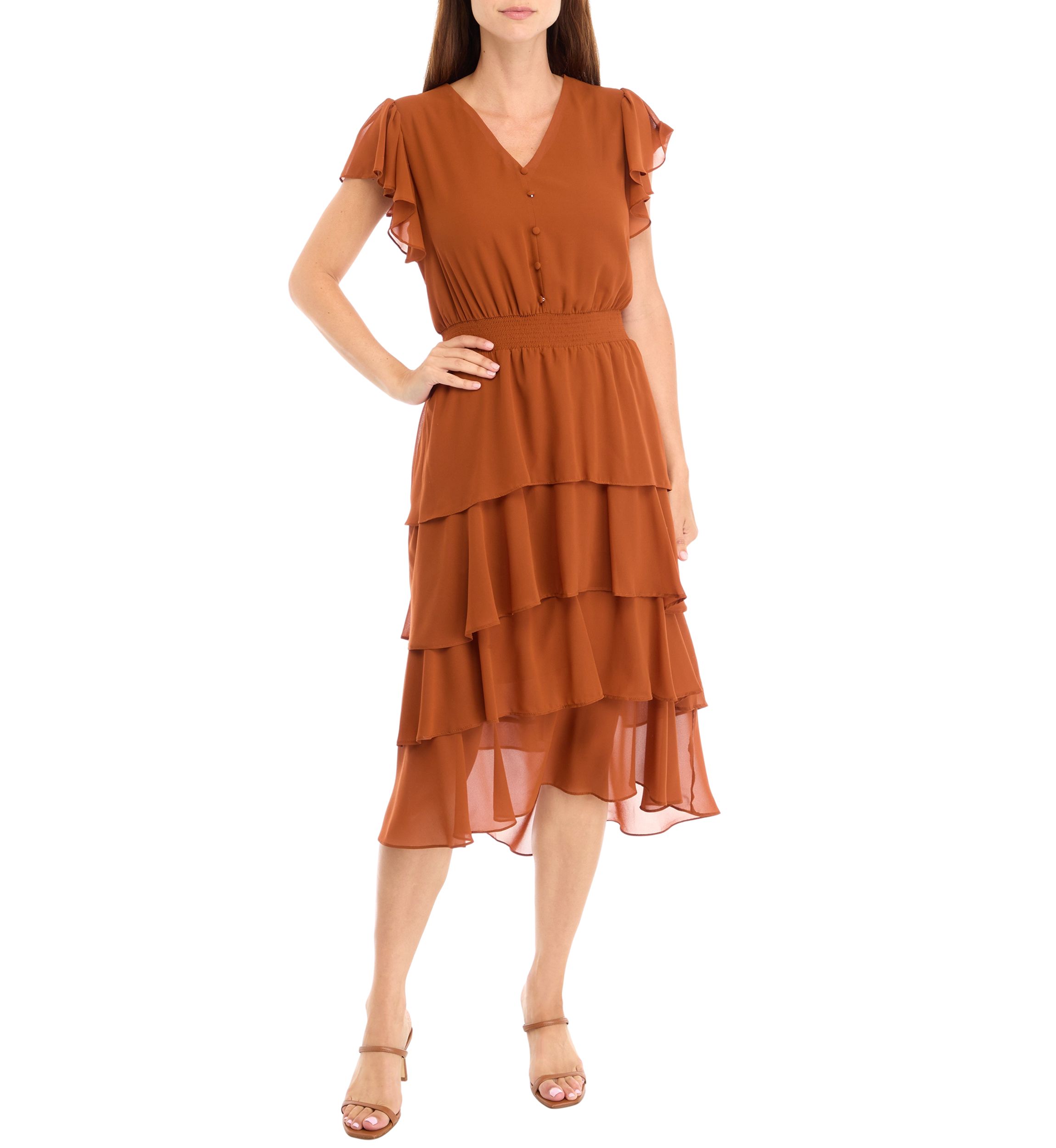 Womens Flutter Sleeve V-Neck Button Detail Tiered Dress