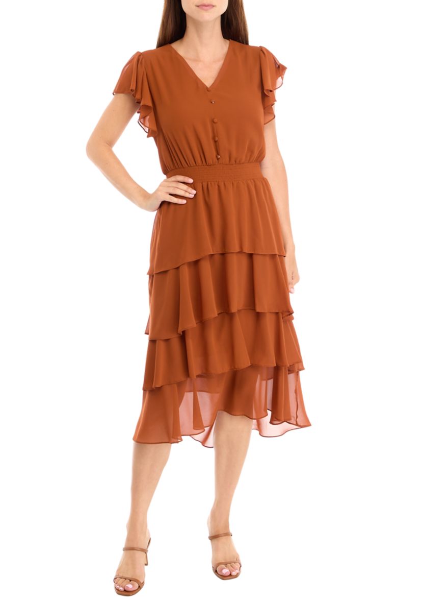 Womens Flutter Sleeve V-Neck Button Detail Tiered Dress