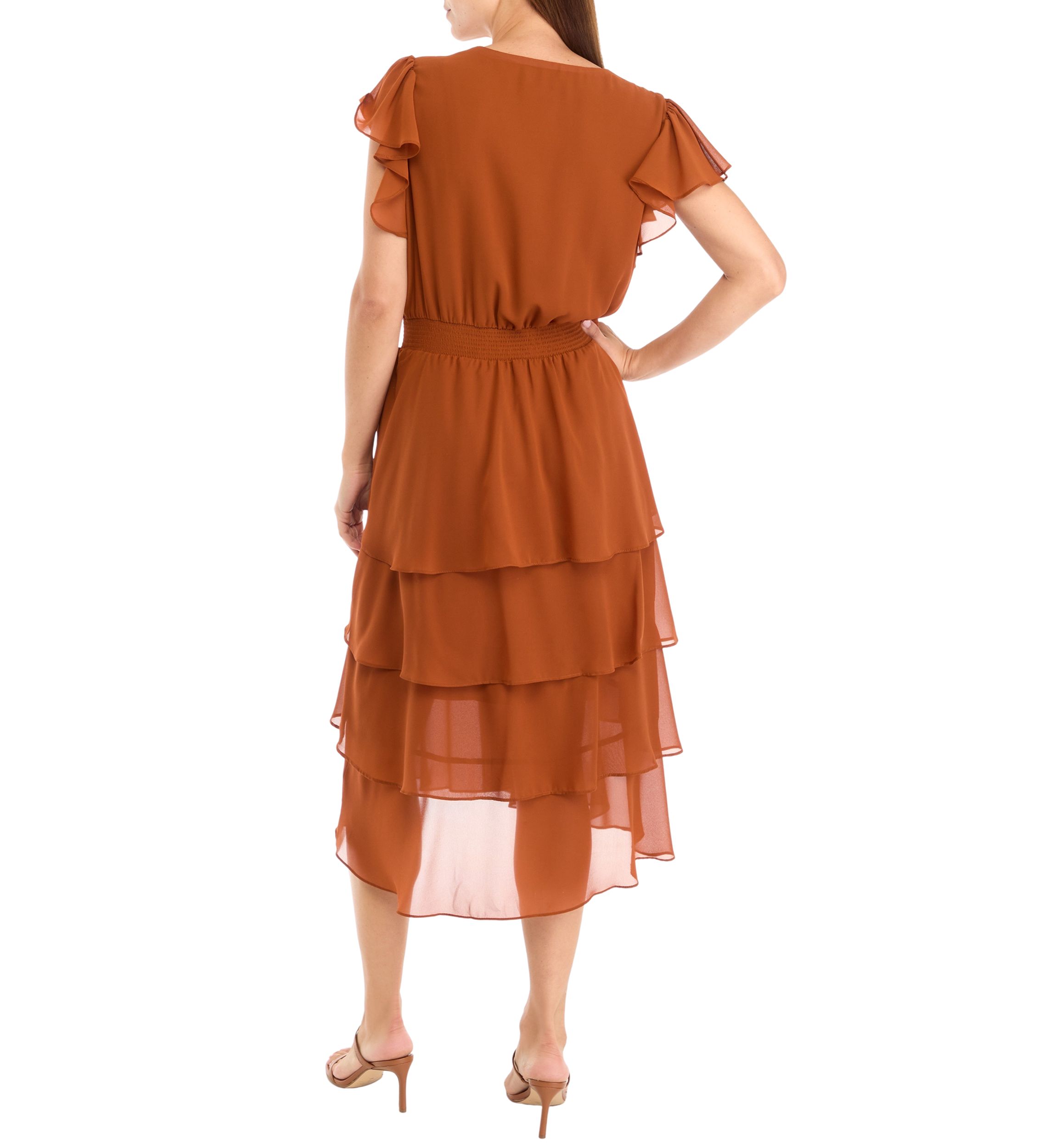 Womens Flutter Sleeve V-Neck Button Detail Tiered Dress