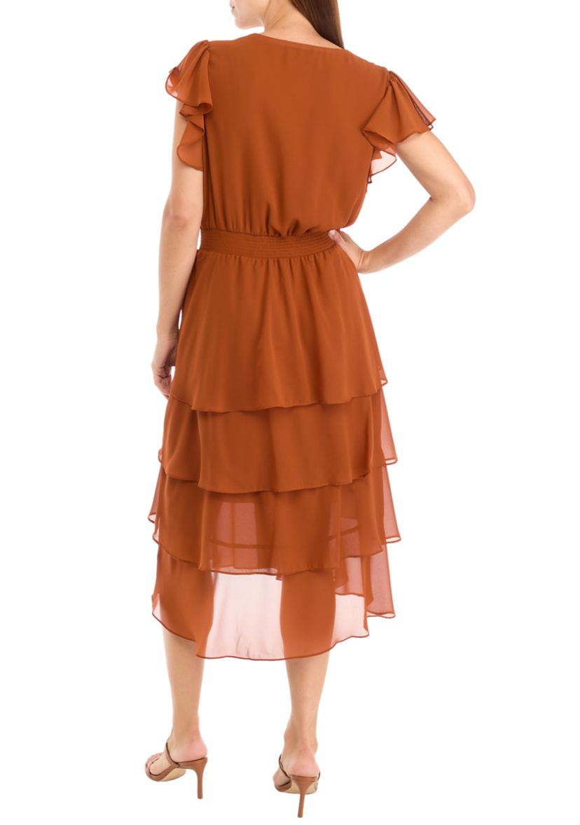Womens Flutter Sleeve V-Neck Button Detail Tiered Dress