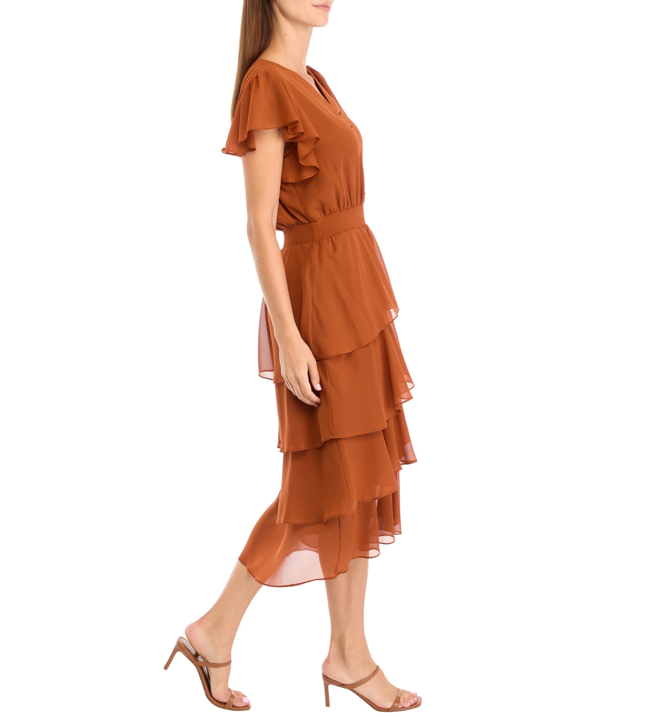 Womens Flutter Sleeve V-Neck Button Detail Tiered Dress