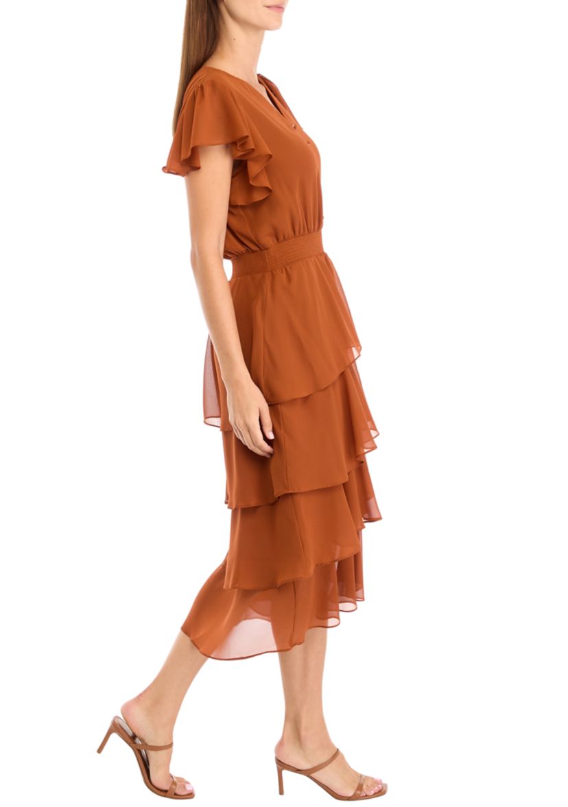 Womens Flutter Sleeve V-Neck Button Detail Tiered Dress