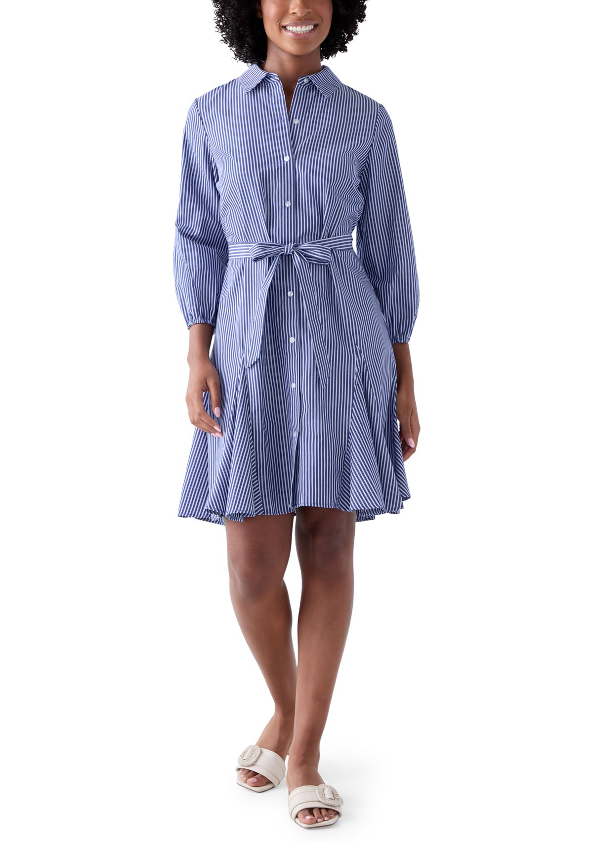 Womens Long Sleeve Tie Waist Dress with Godets