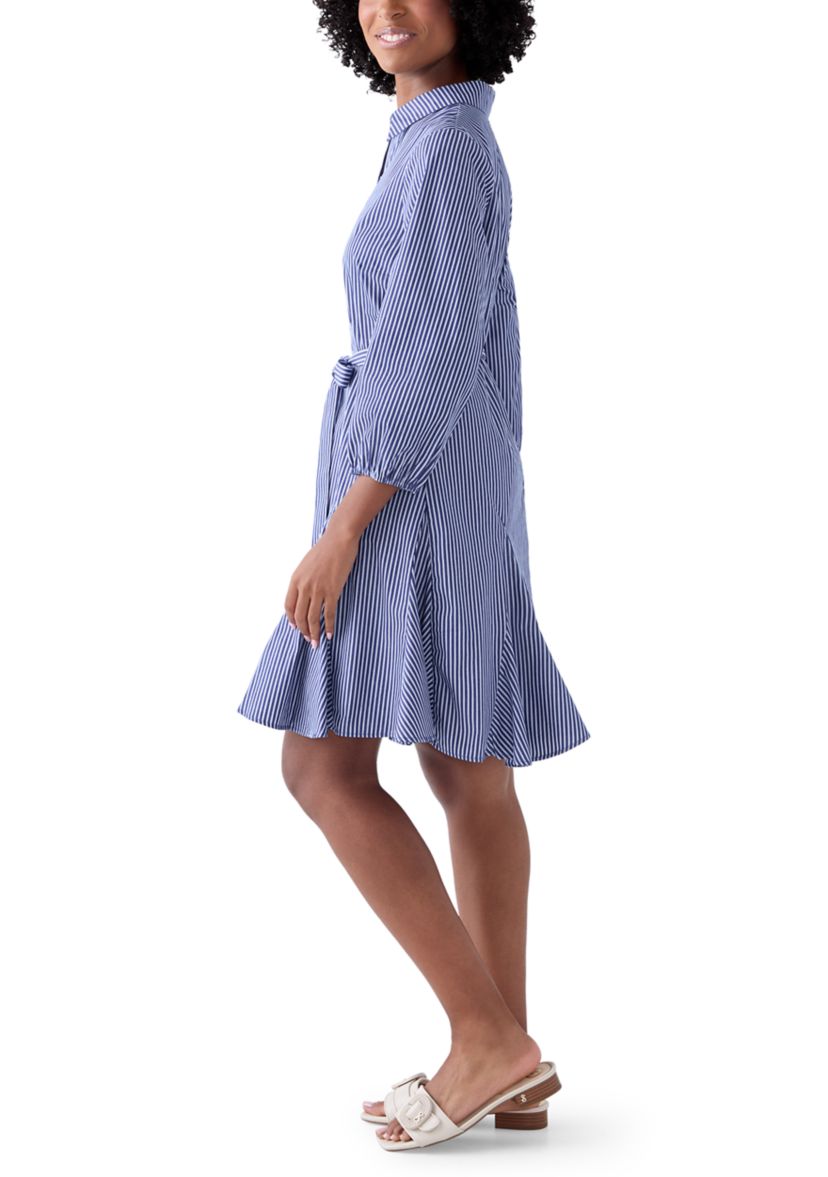 Womens Long Sleeve Tie Waist Dress with Godets