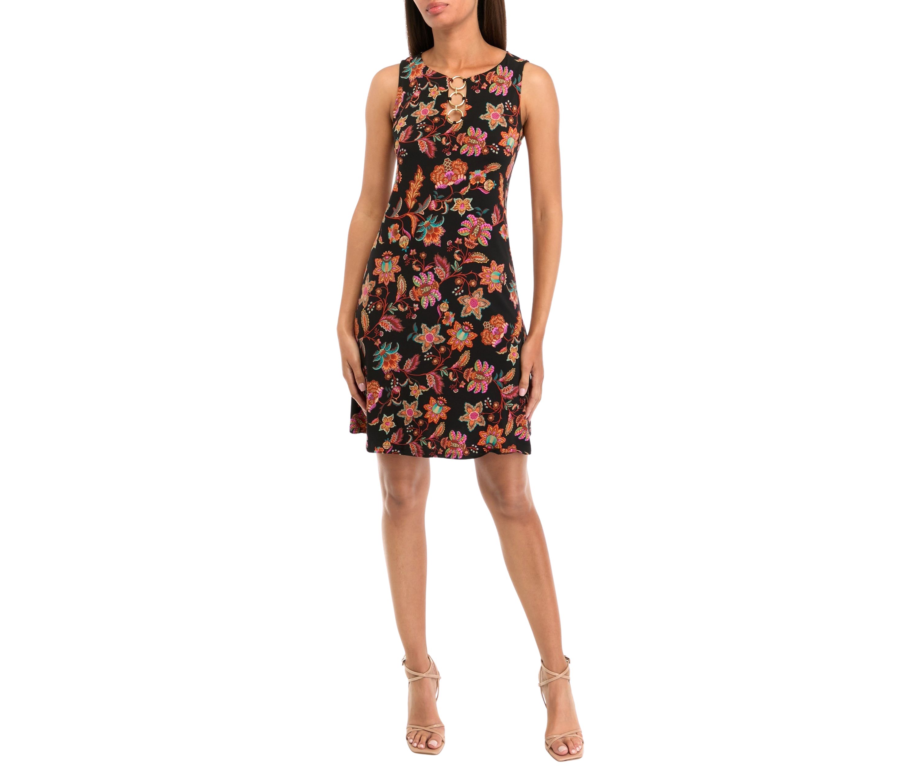 Womens Sleeveless Crew Neck 3 Ring Detail Floral Print A-Line Dress