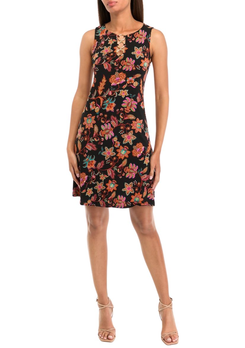 Womens Sleeveless Crew Neck 3 Ring Detail Floral Print A-Line Dress
