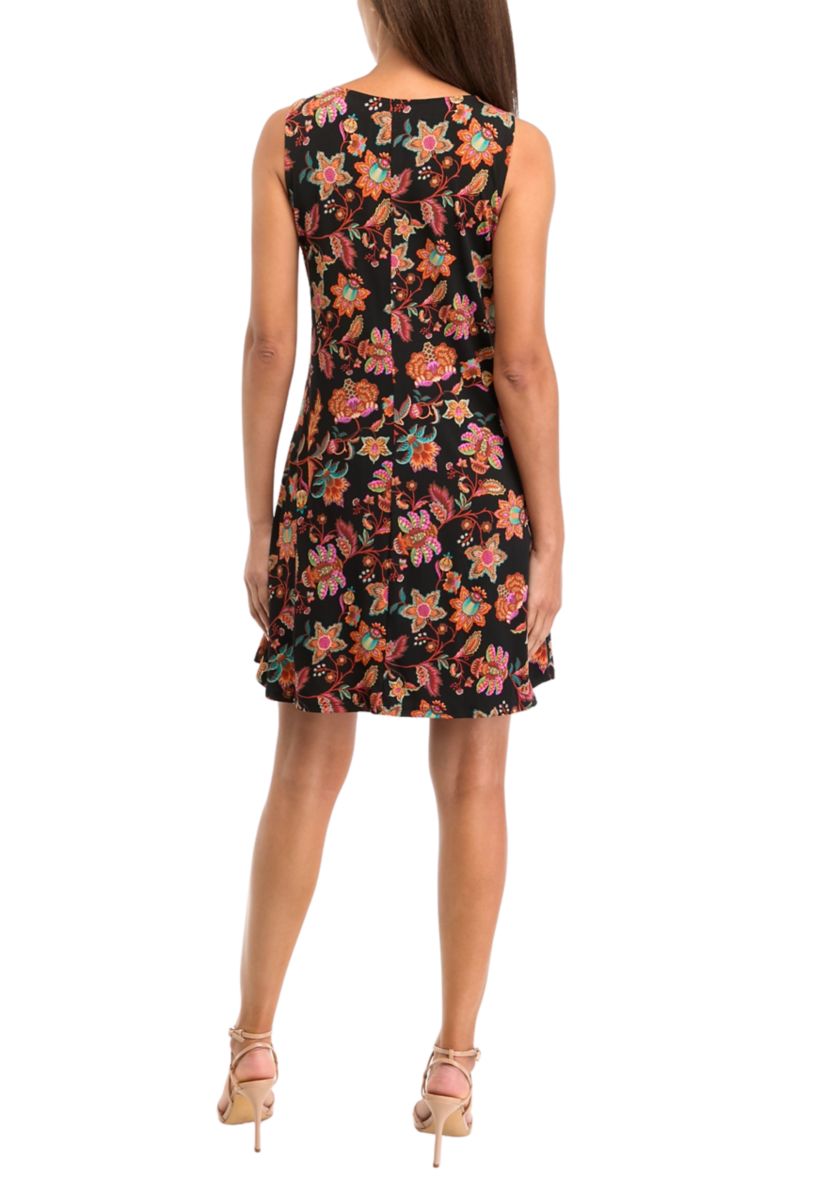 Womens Sleeveless Crew Neck 3 Ring Detail Floral Print A-Line Dress