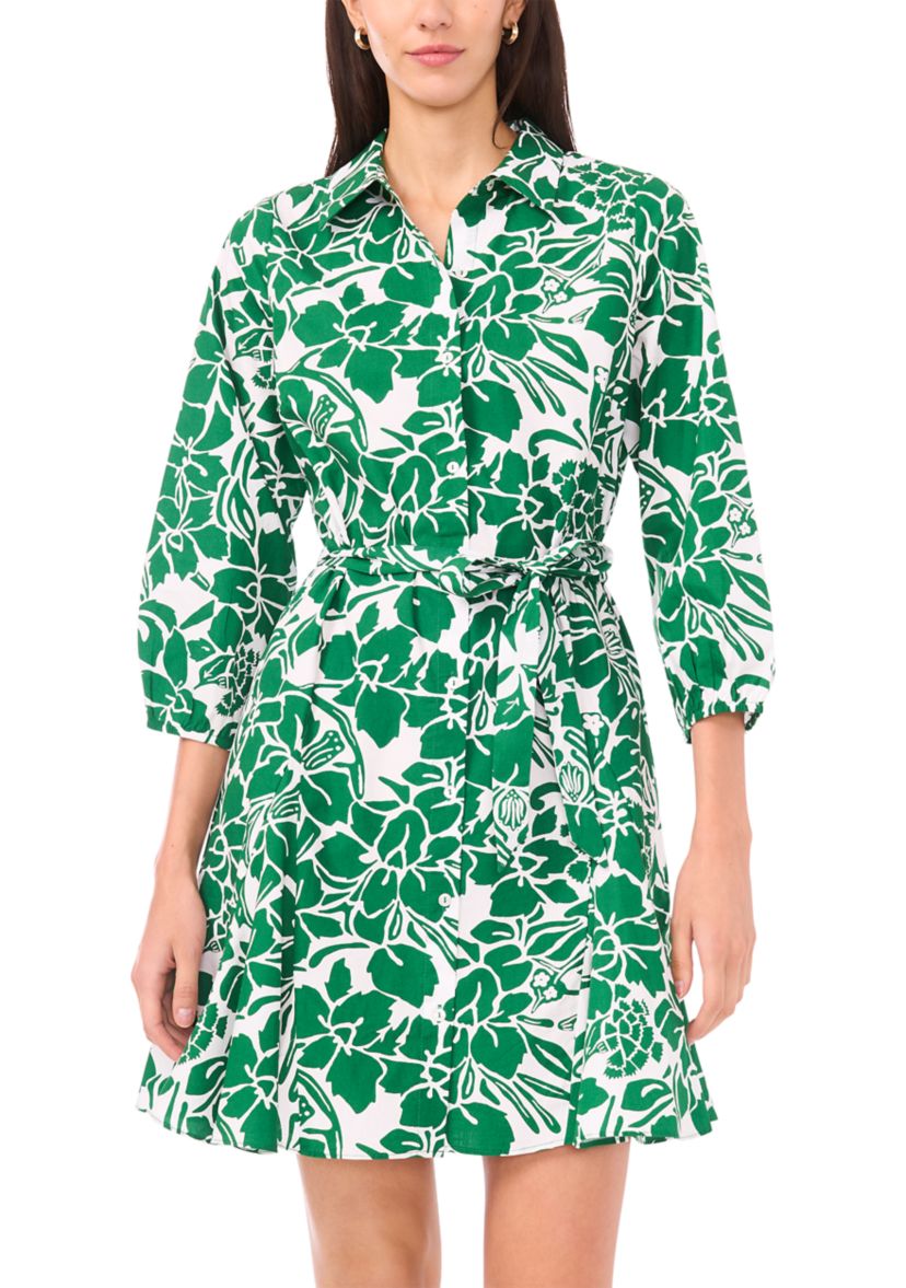 MSK Women's 3/4 Sleeve Printed Shirtdress, Green, Small, Cotton