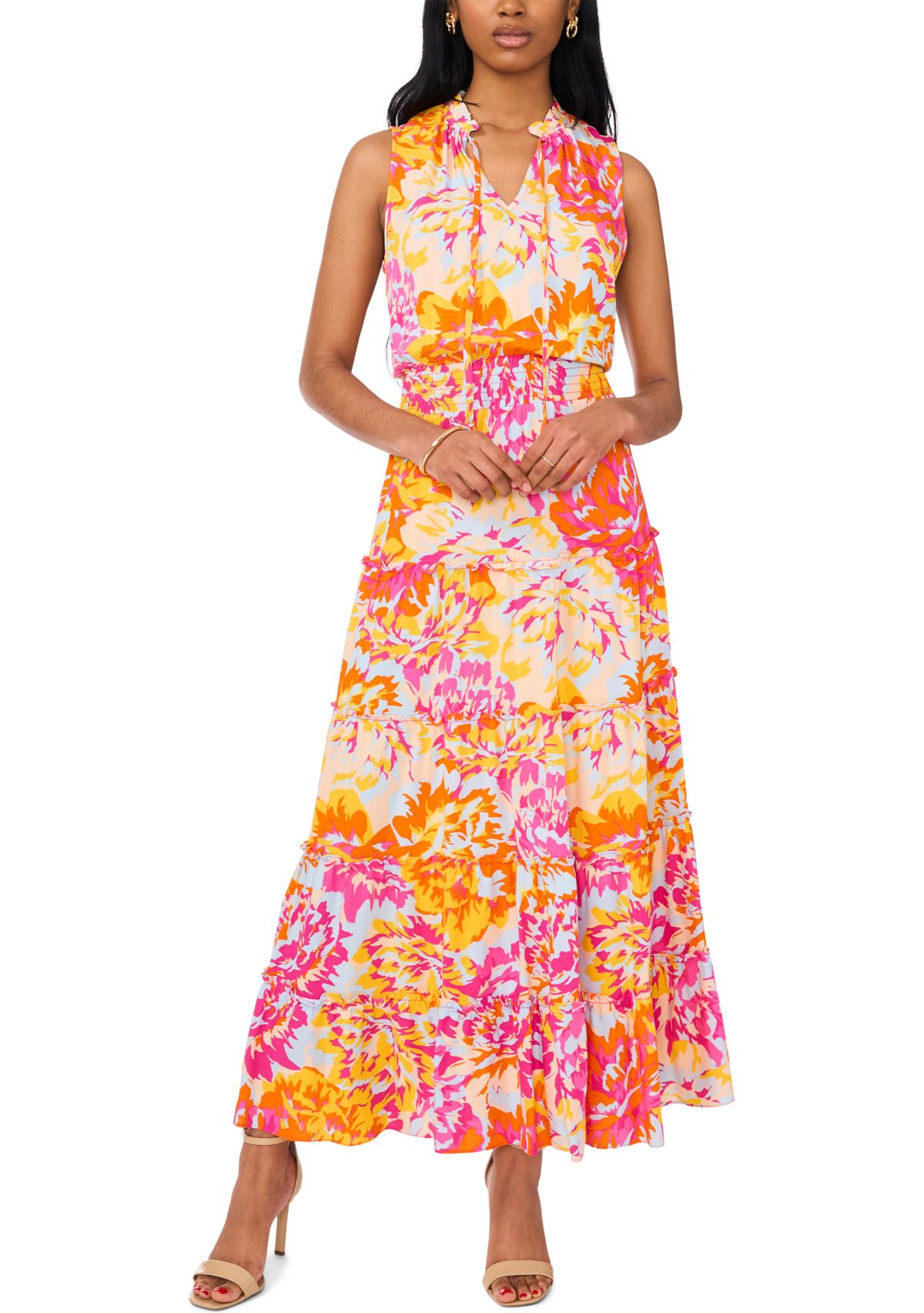 Womens Sleeveless Printed Fit and Flare Maxi Dress