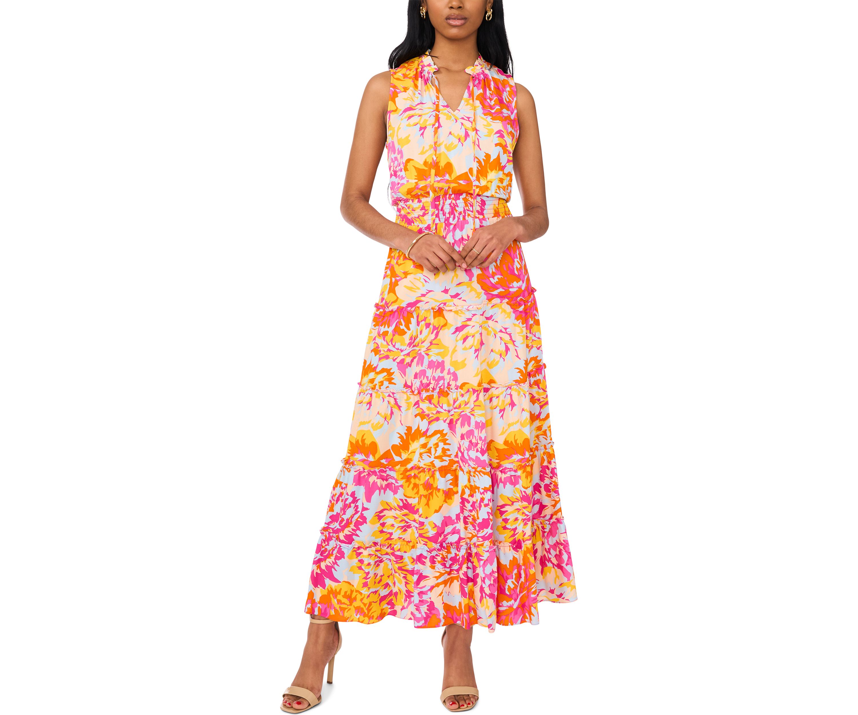 Womens Sleeveless Printed Fit and Flare Maxi Dress