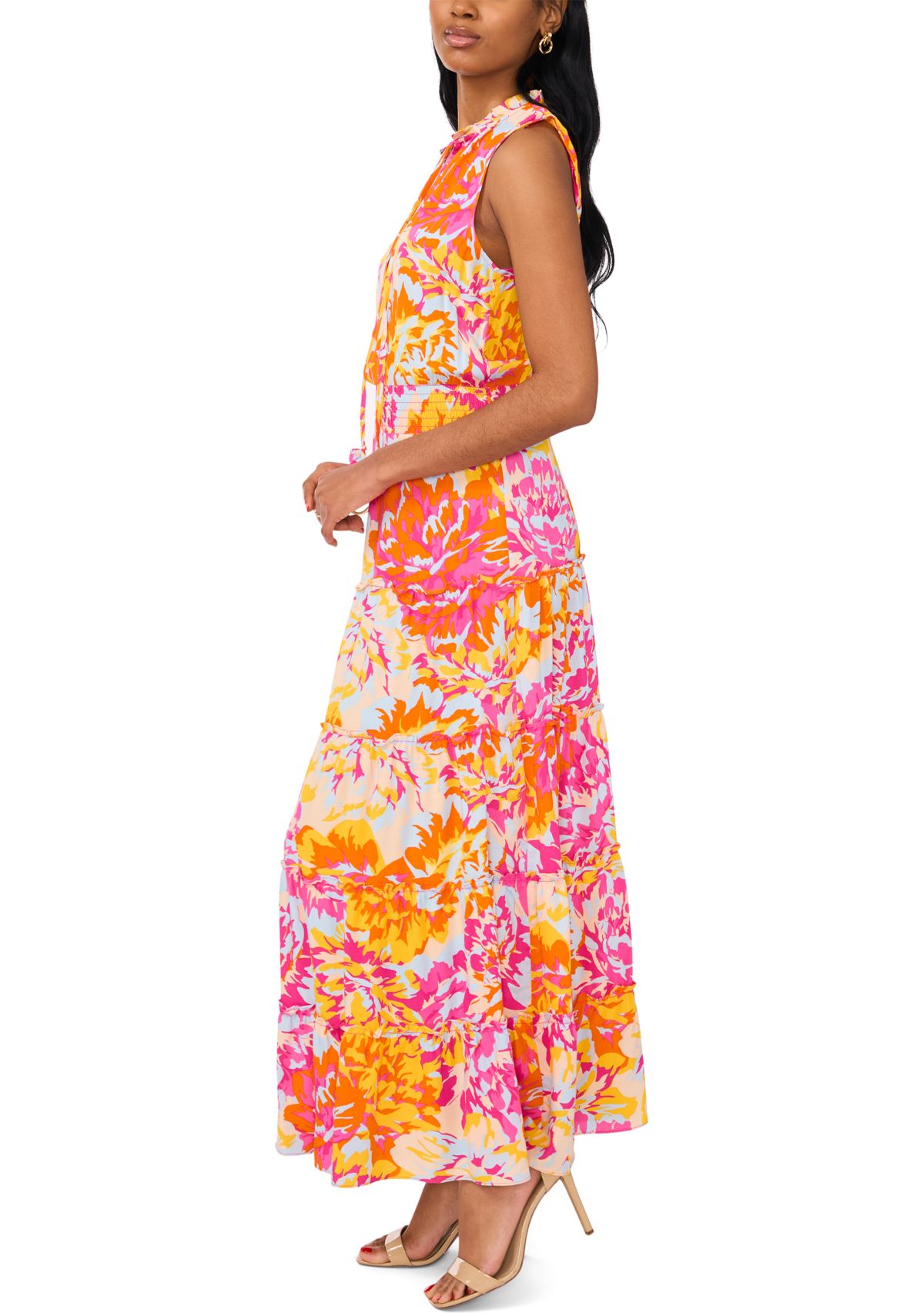 Womens Sleeveless Printed Fit and Flare Maxi Dress