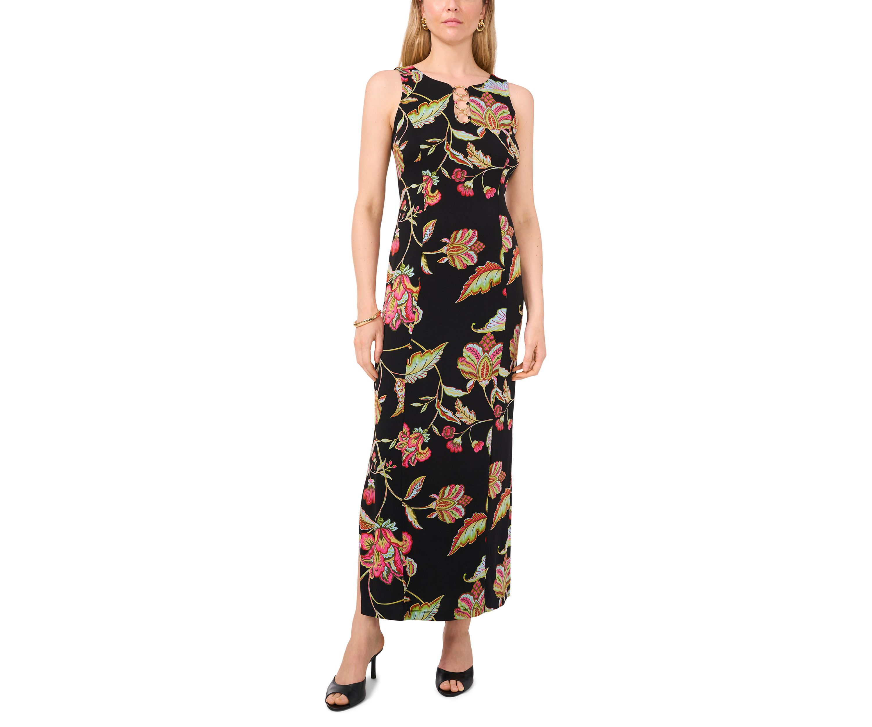 Womens 3 Ring Detail Floral Printed Sleeveless Maxi Dress