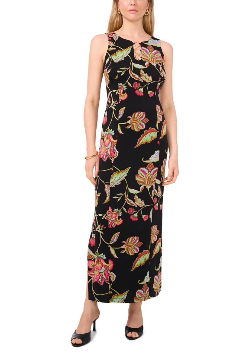 Womens 3 Ring Detail Floral Printed Sleeveless Maxi Dress