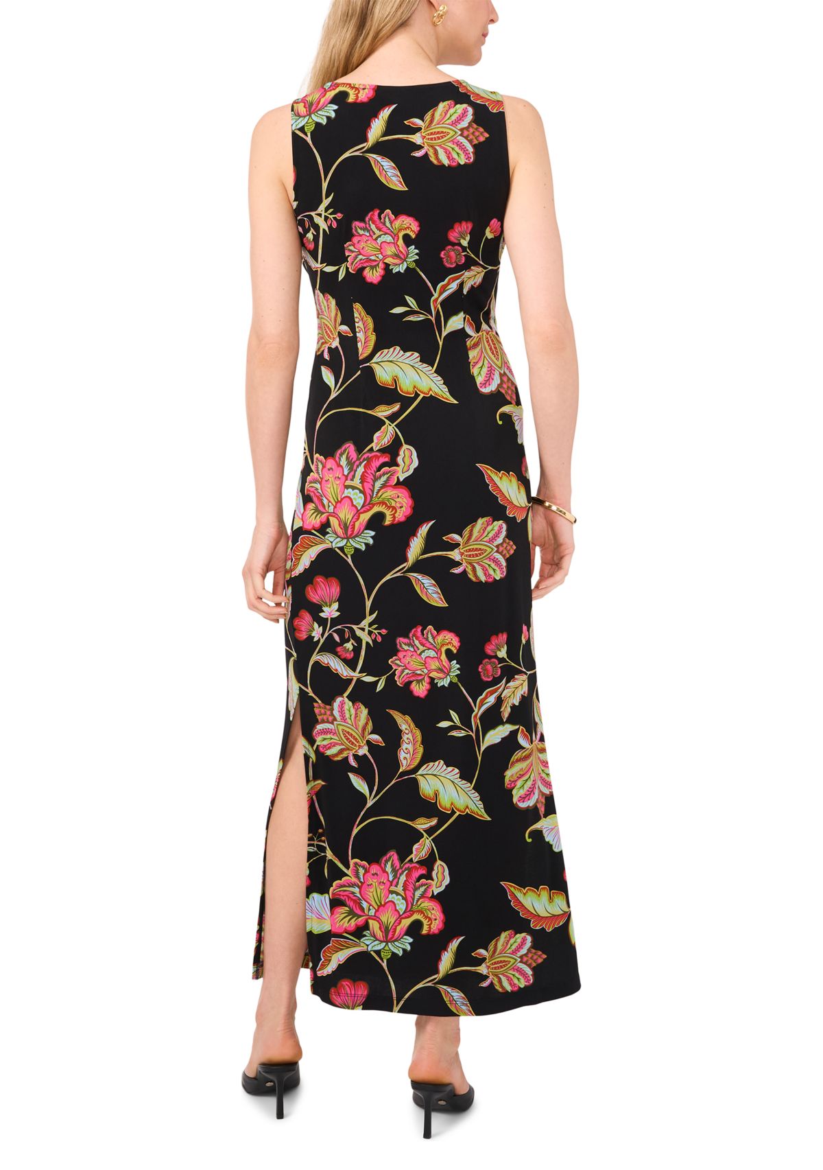 Womens 3 Ring Detail Floral Printed Sleeveless Maxi Dress