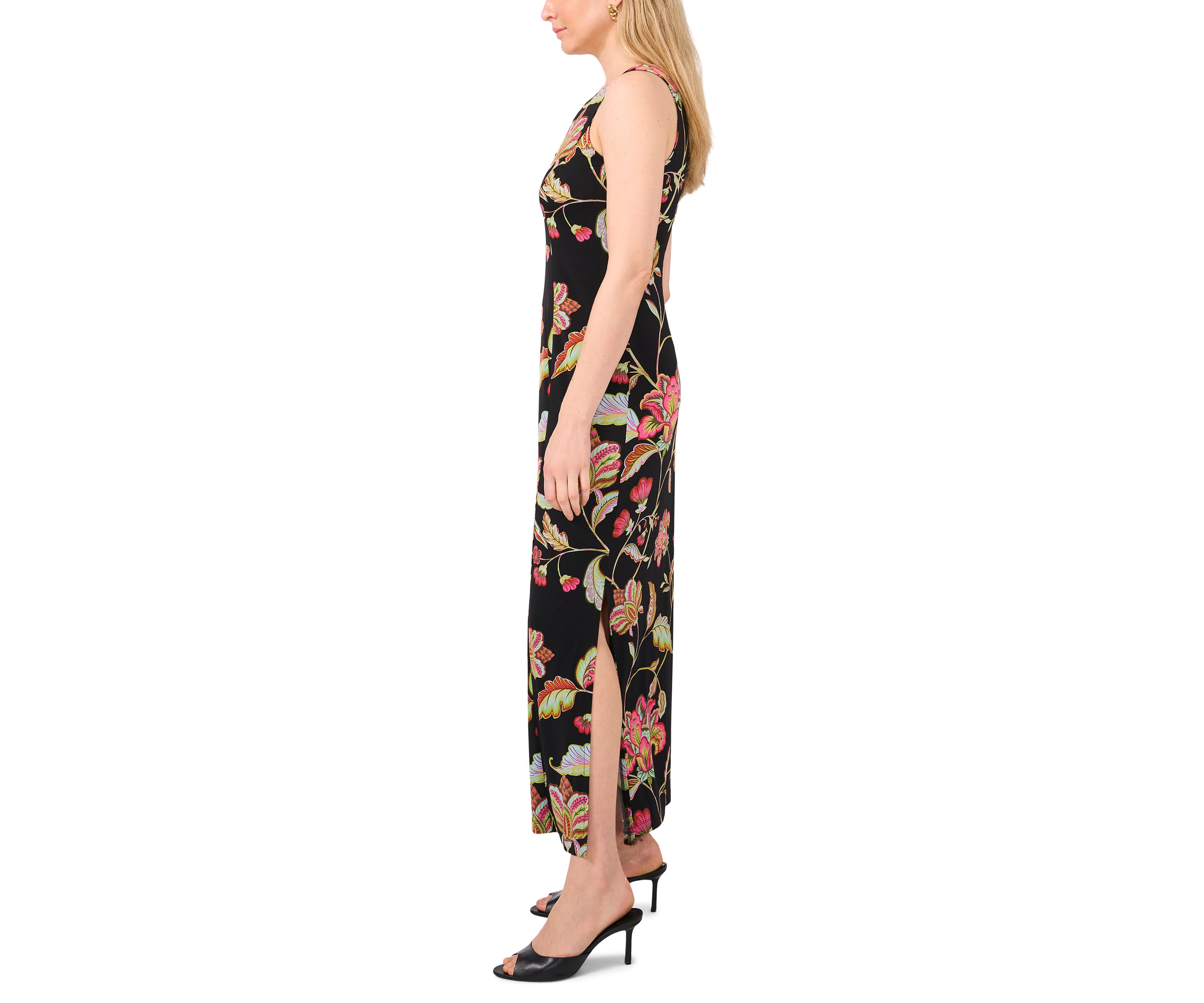 Womens 3 Ring Detail Floral Printed Sleeveless Maxi Dress