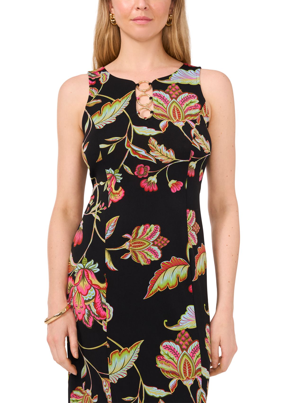 Womens 3 Ring Detail Floral Printed Sleeveless Maxi Dress