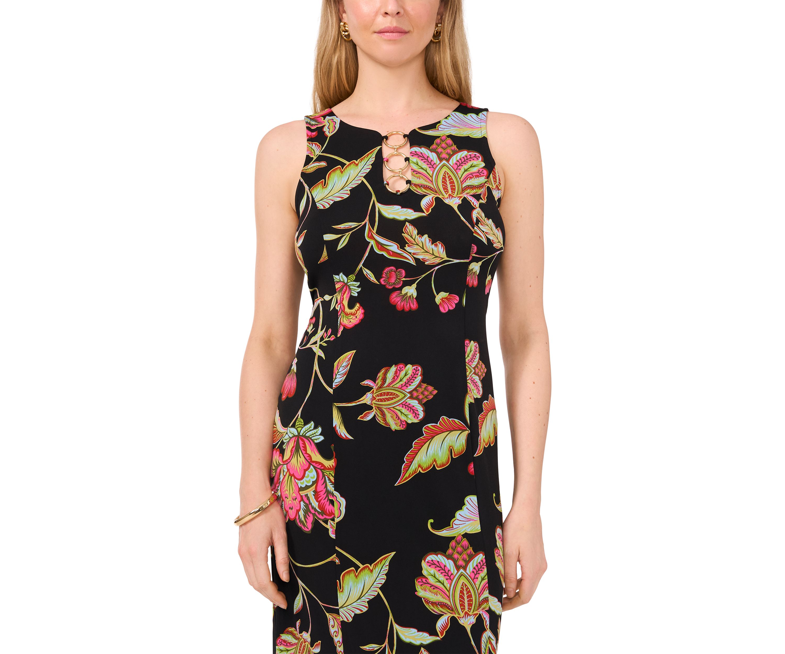 Womens 3 Ring Detail Floral Printed Sleeveless Maxi Dress
