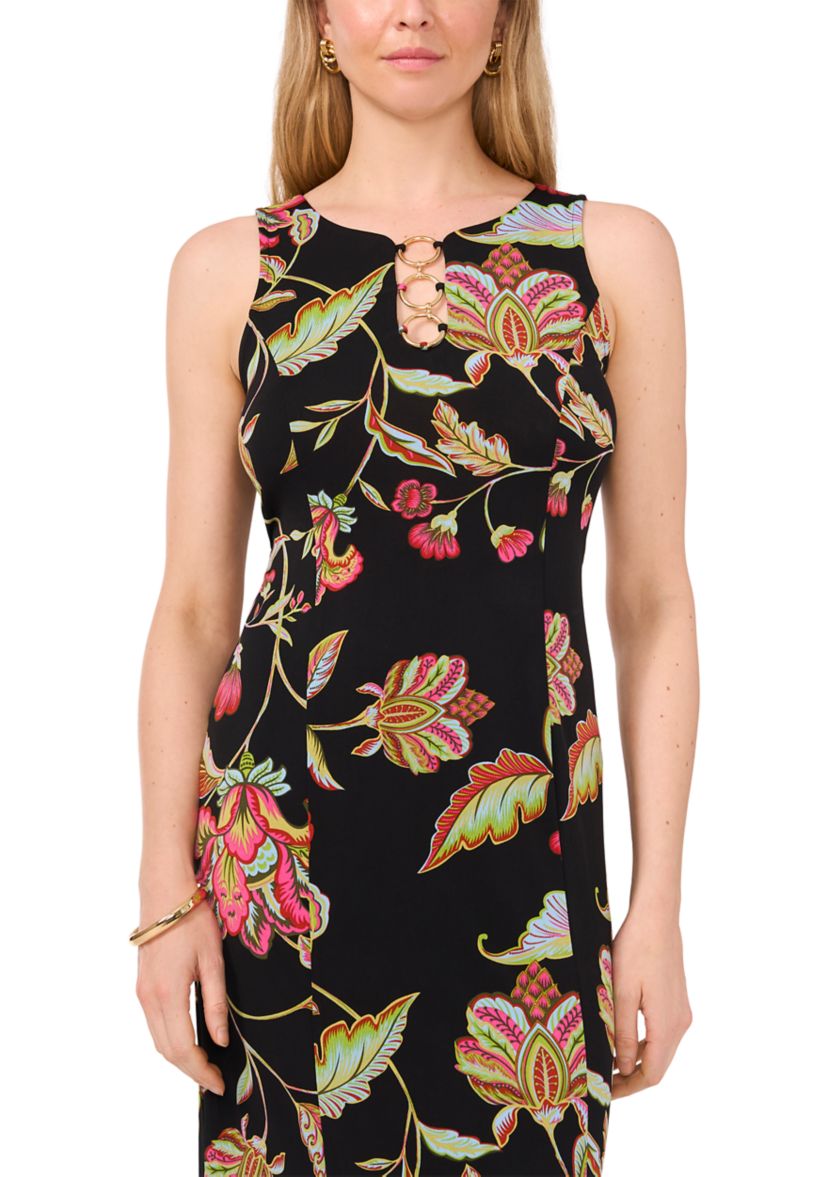 Womens 3 Ring Detail Floral Printed Sleeveless Maxi Dress
