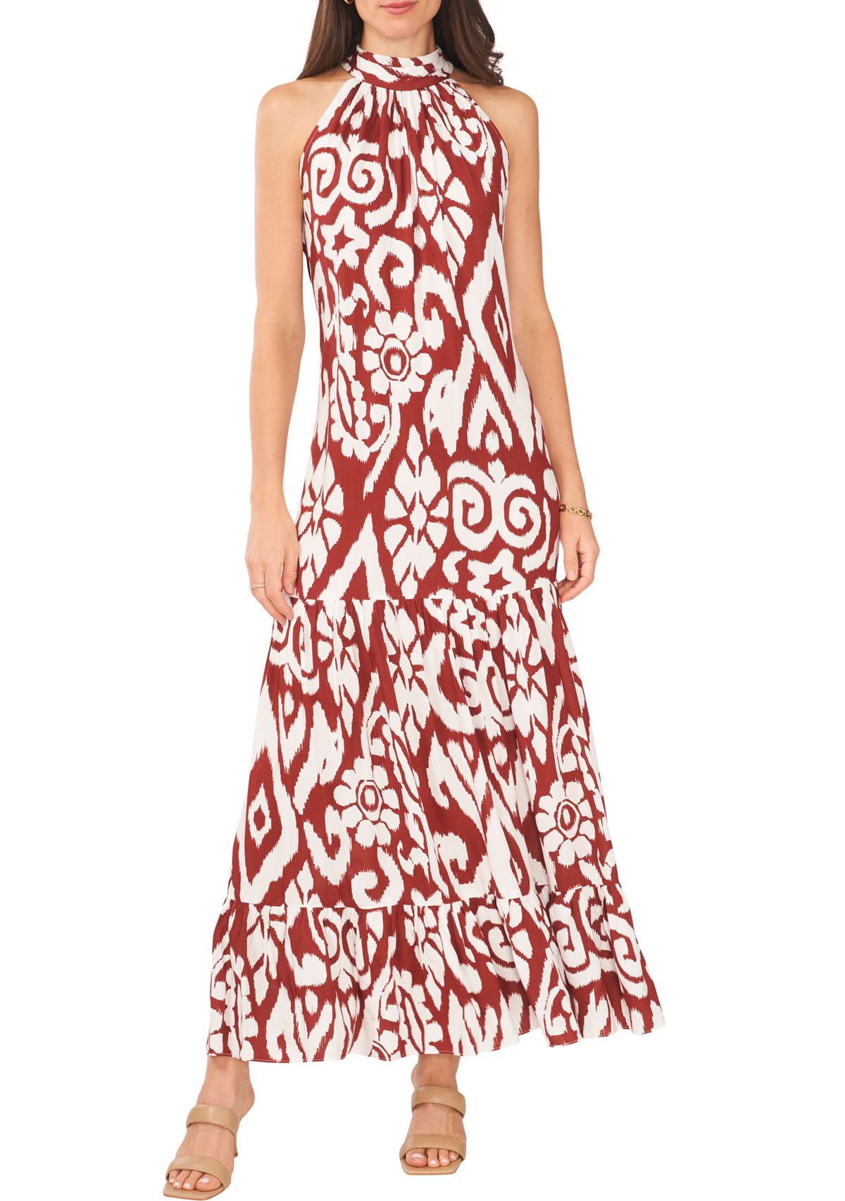 Womens Sleeveless Mock Neck Printed Maxi Dress