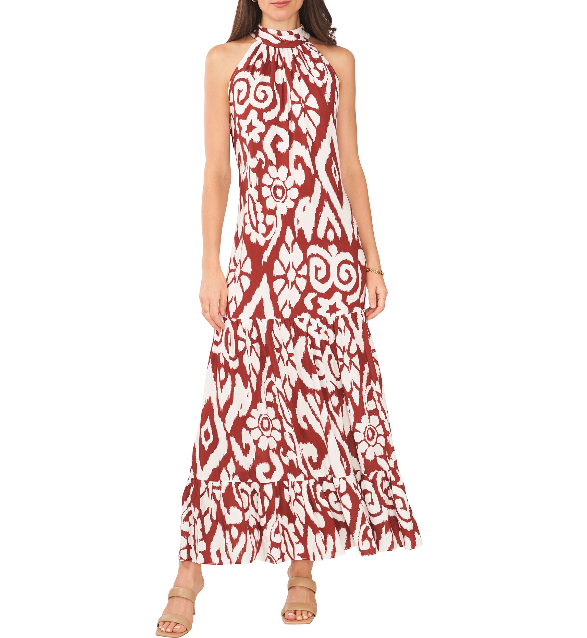 Womens Sleeveless Mock Neck Printed Maxi Dress
