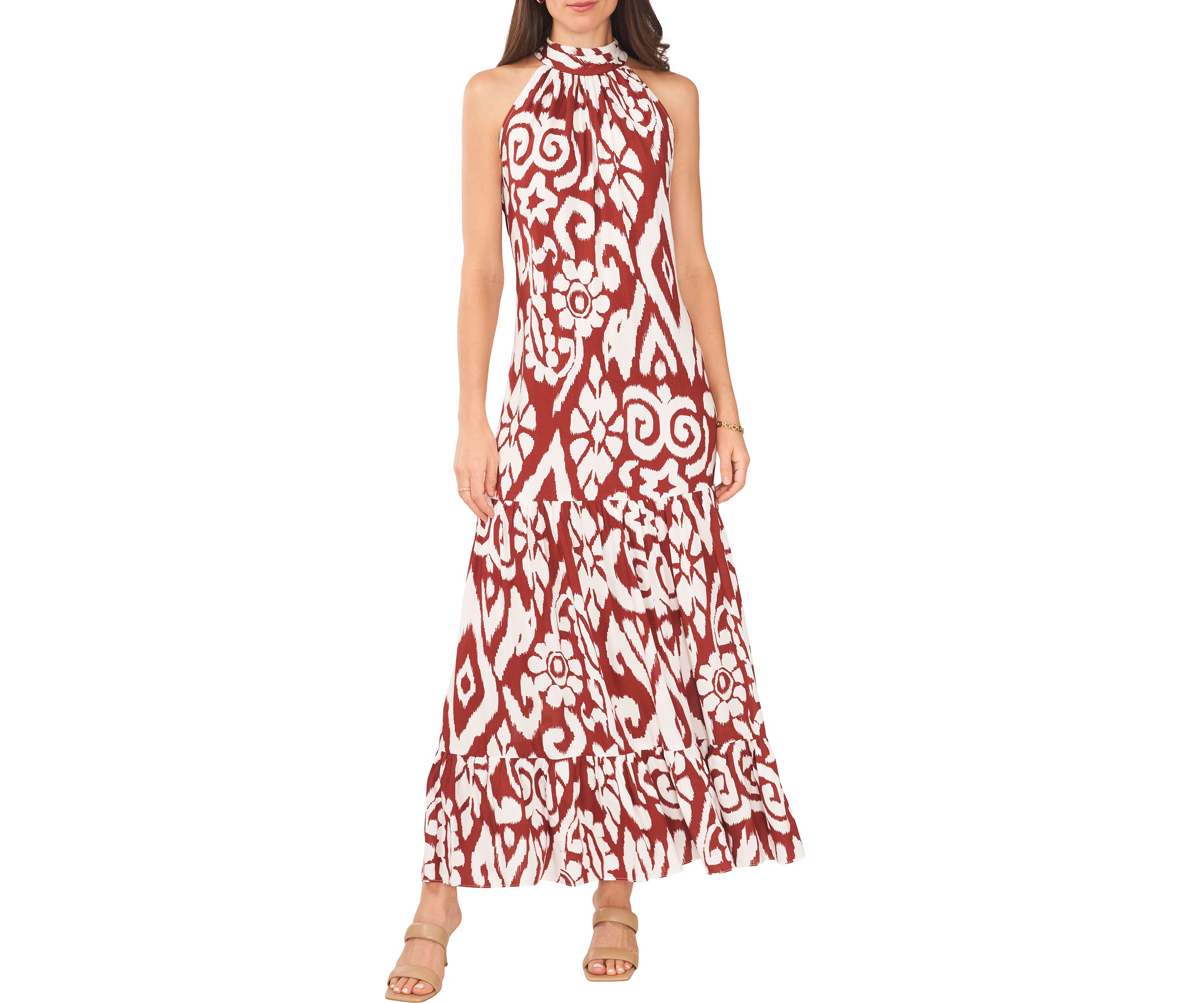Womens Sleeveless Mock Neck Printed Maxi Dress