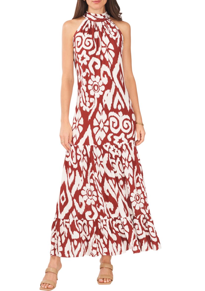 Womens Sleeveless Mock Neck Printed Maxi Dress