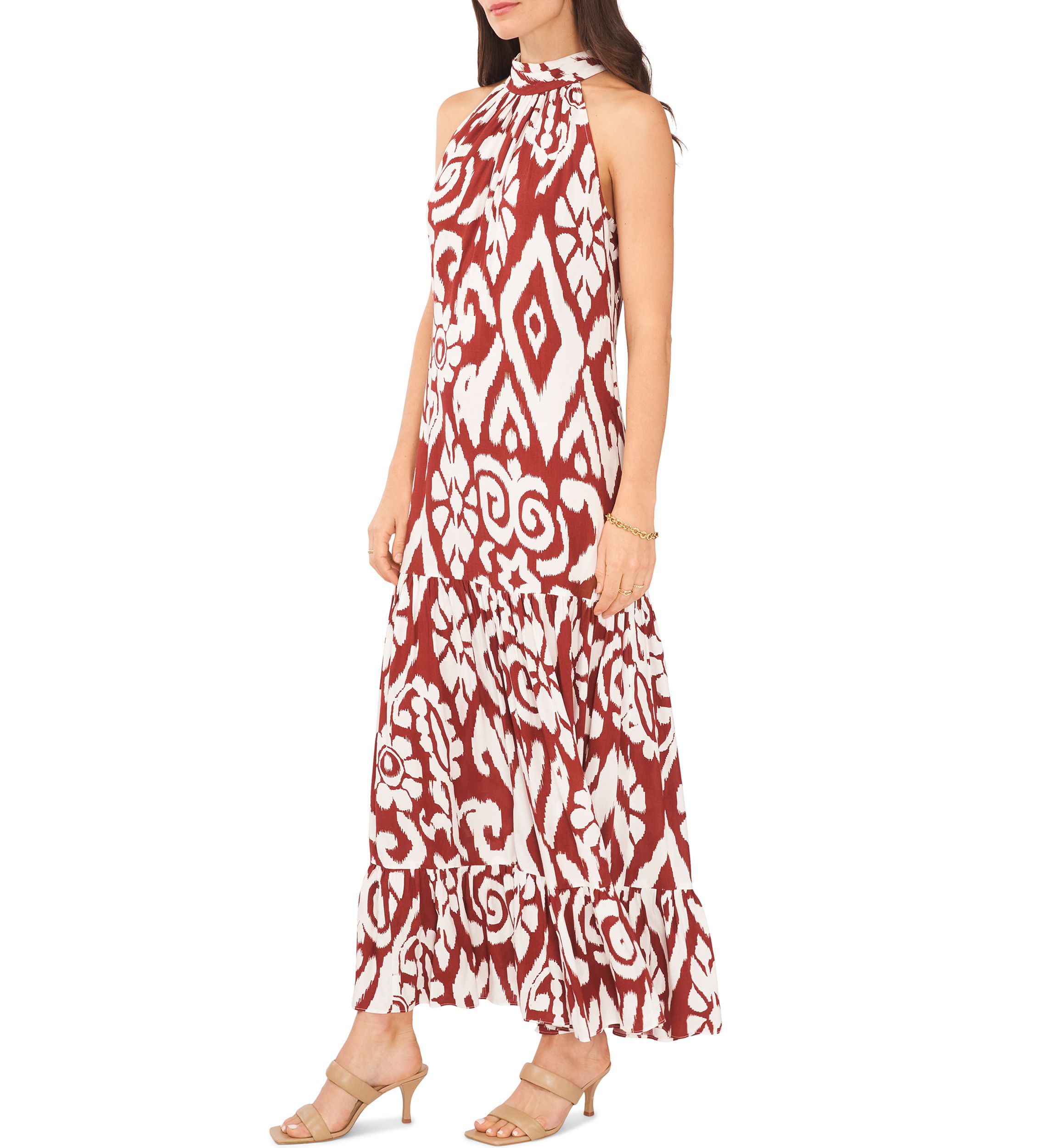Womens Sleeveless Mock Neck Printed Maxi Dress